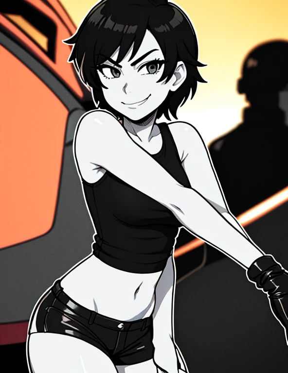 1girl, solo, masterpiece, very detailed, Reiko Nagase, black leather jacket, orange tank-top, midriff, gloves, black short-shorts, street race, bokeh effect, rich color saturation, looking at viewer, eye contact, arrogant smile, dynamic pose