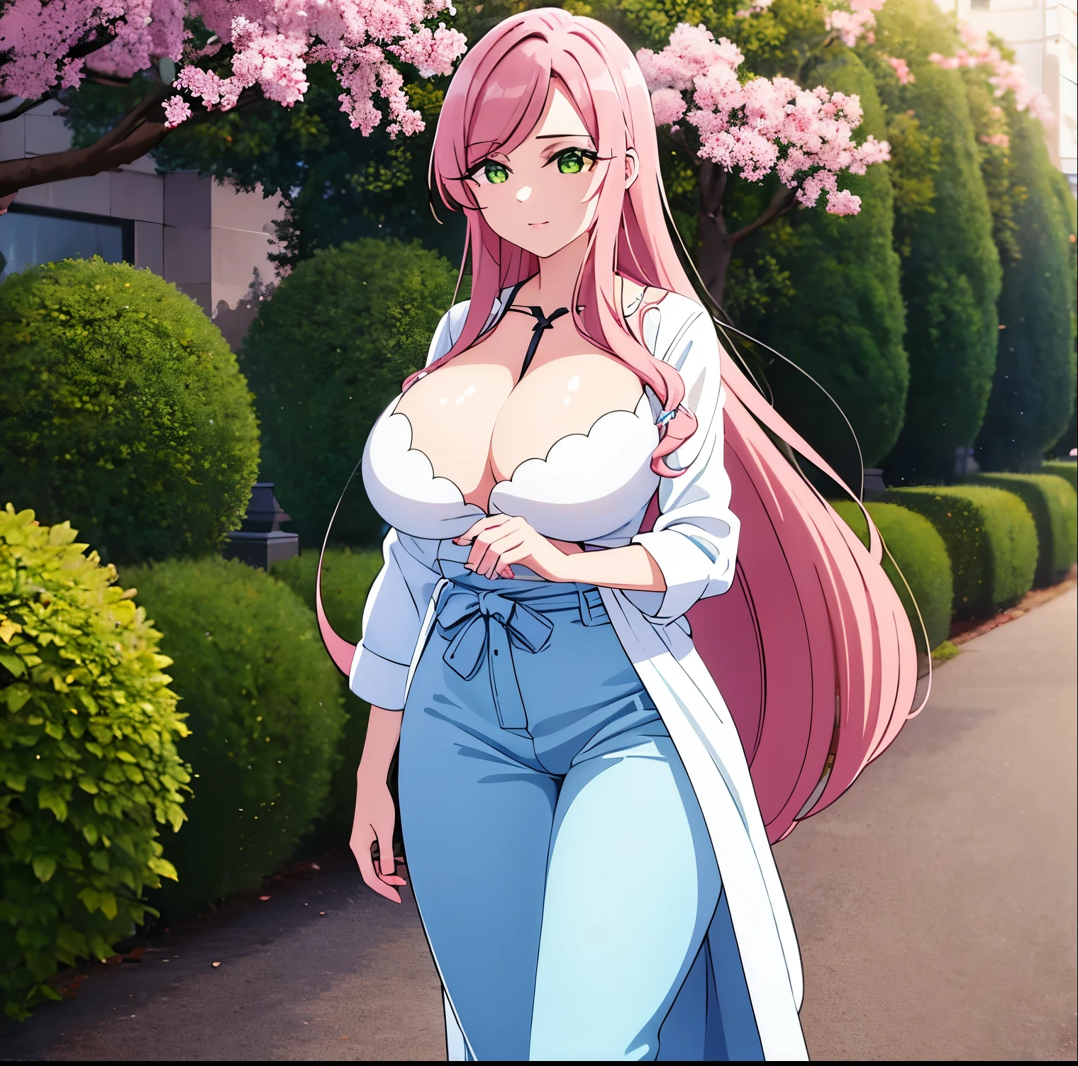 1 girl, alone, hahari hanazono, long hair, bangs, (green eyes: 1.2), pink hair, flower, hair flower, smile, tank top, white shirt, bare waist, tight blue jeans, outdoors, city, walking, head on, looking at viewer, pov(from above), masterpiece: 1.2), best Quality, high resolution, Unity 8k wallpaper, (artwork: 0.8), green eyes (beautiful detailed eyes: 1.6), face extremely detailed, perfect lighting, extremely detailed CG (perfect hands, perfect anatomy), large breasts, medium waist, wide hips, medium thighs, round butt