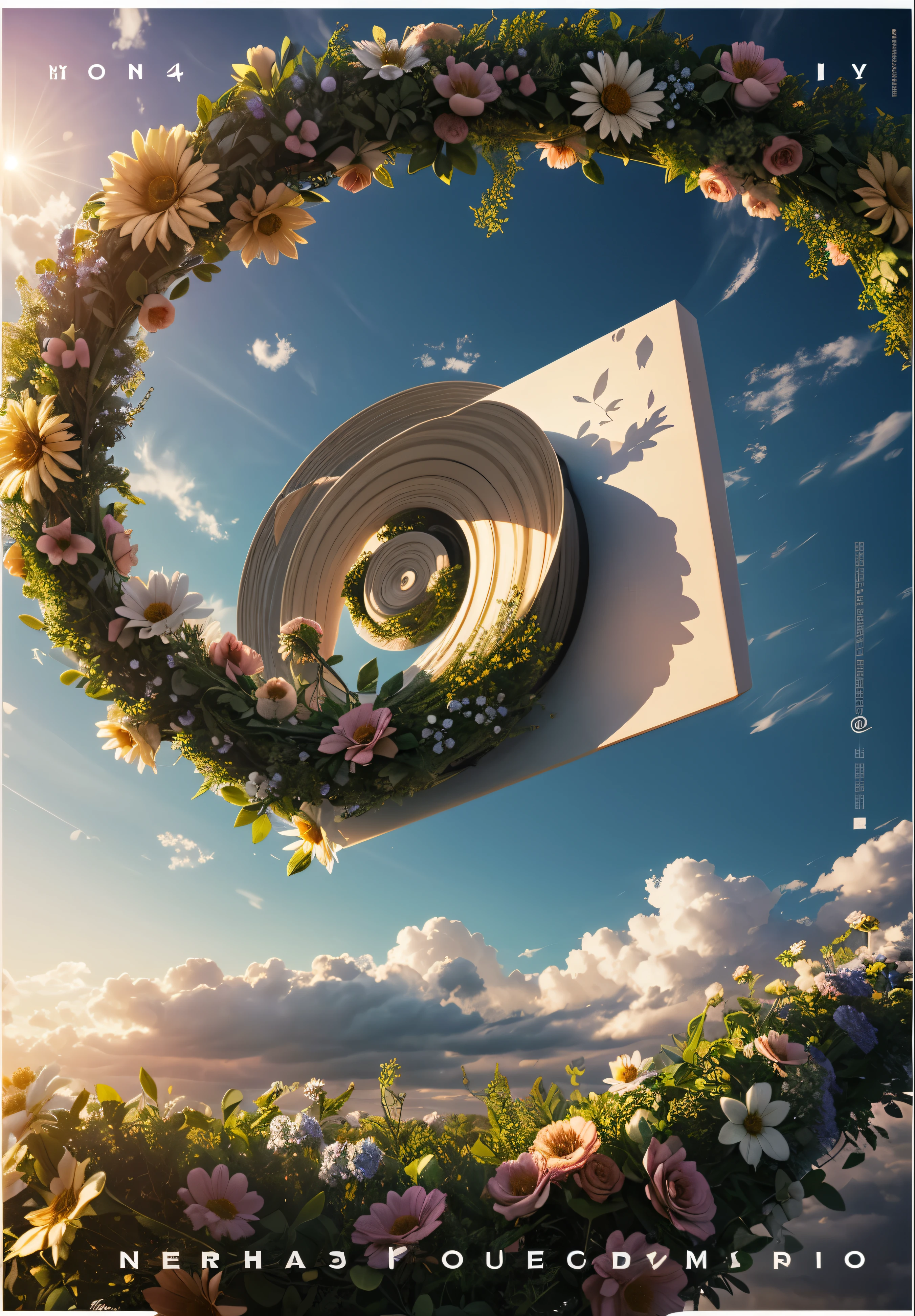 Only The flowers wreath curls in a spiral shape towards the sky, 3D, C4DBlender, CGI, poster album, no people:2, ((spiral)), (realistic texture)