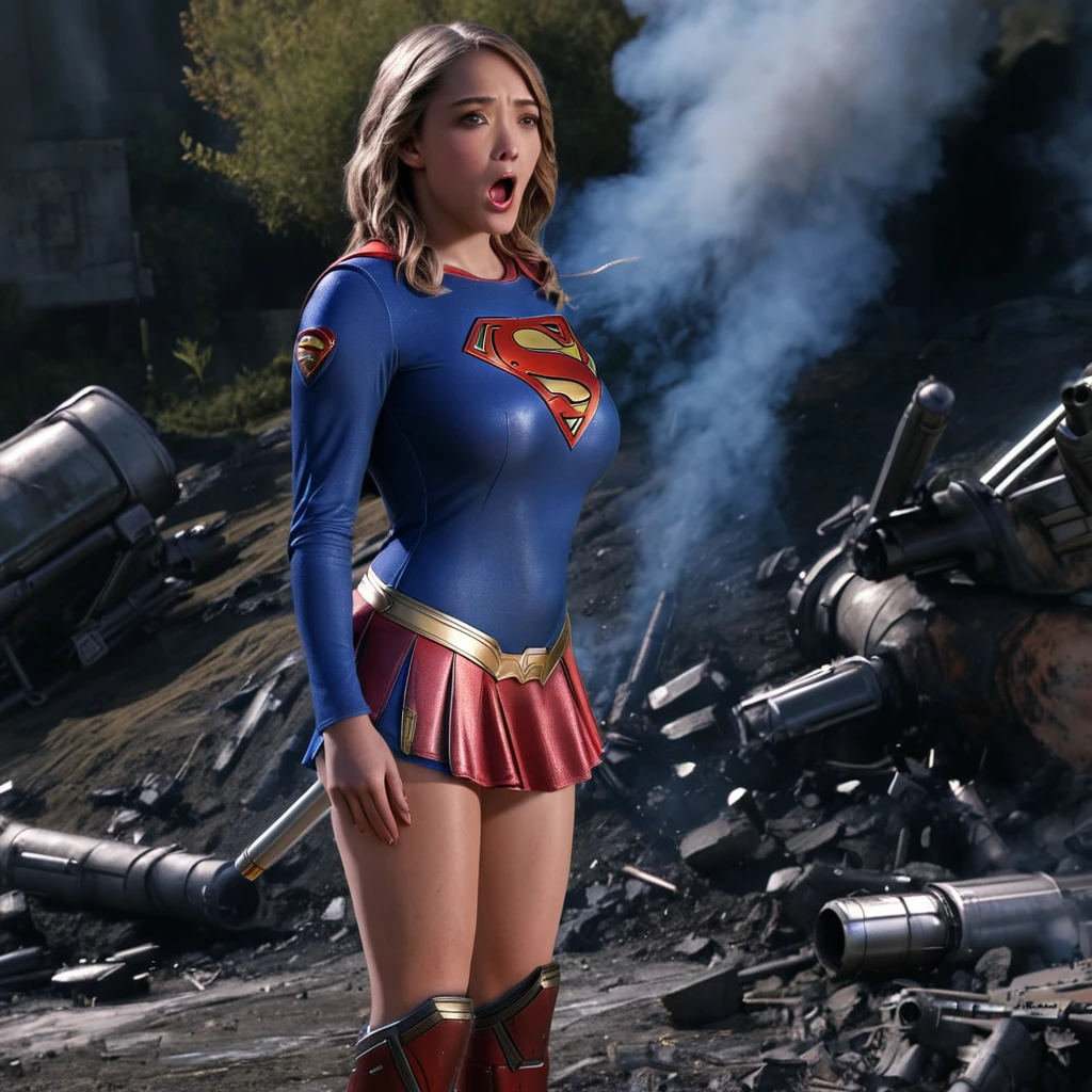 (Show all of Super Girl, head to toe, full body portrait) (best quality,4k,highres,masterpiece:1.2),ultra-detailed,realistic,portraits,vivid colors,dramatic lighting,Supergirl,annoyed,tattered uniform (scorched, many holes) ,ragged uniform,smoking crater,offended,shocked, (Subject 2: attacking alien robot gorilla, rocket launcher) Please make sure your output is separated by commas.","Separated。The following is an example for reference： ``` (best quality,4k,highres,masterpiece:1.2),ultra-detailed,realistic,portraits,vivid colors,dramatic lighting,Supergirl,annoyed,tattered uniform,ragged uniform,smoking crater,offended,shocked, (subject 2: attacking alien robot gorilla, rocket launcher) (scene takes place in Tokyo, many wounded and dead civilians)