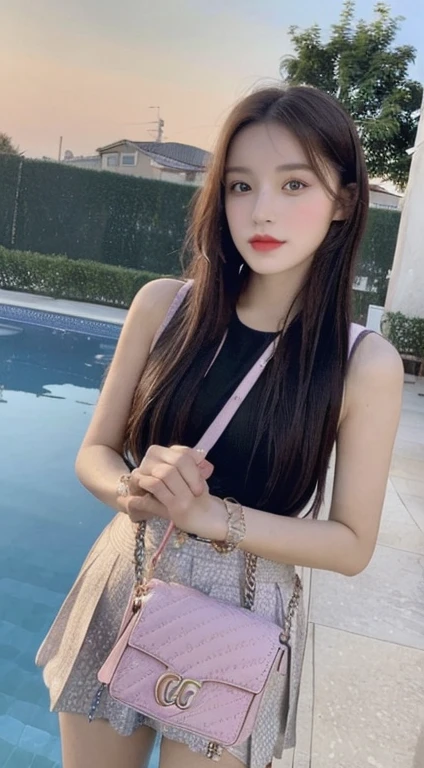 ((Best Quality, 8K, Masterpiece: 1.3)), huper realistic girl perfect, Gucci pose, in a swimming pool sposing, looking at left in swag, and a perple glittery bag at the side.