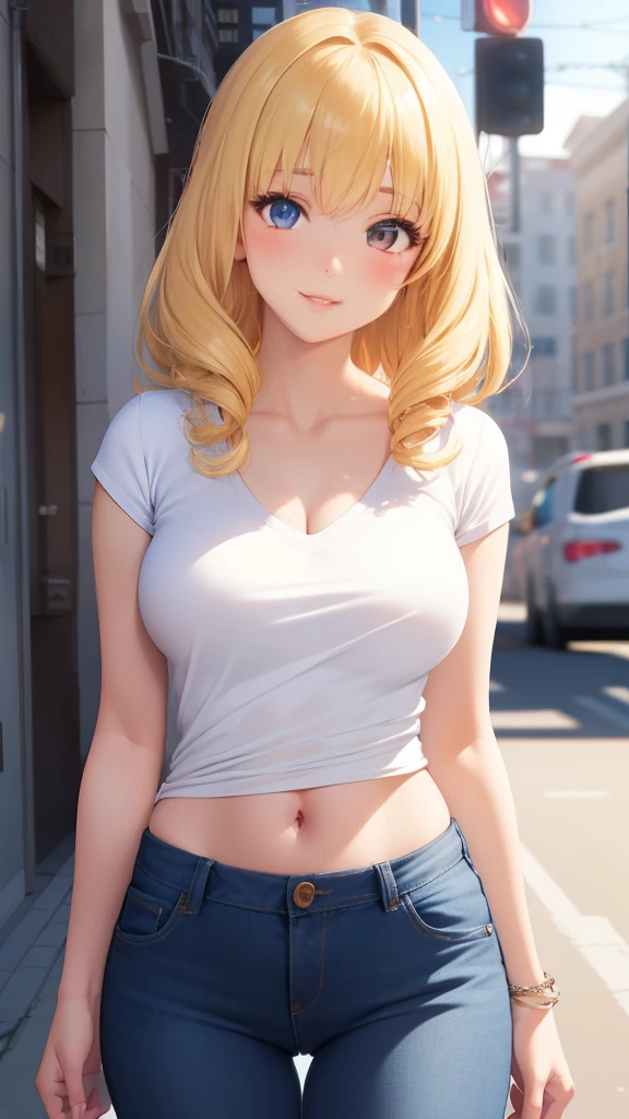 masterpiece, best quality, 1girl, very curly hair, blonde hair, shiny hair, medium breasts, narrow waist, looking at viewer, glossy lips, good lighting, latifa fleuranza, light smile, city street, jeans, v-neck t-shirt