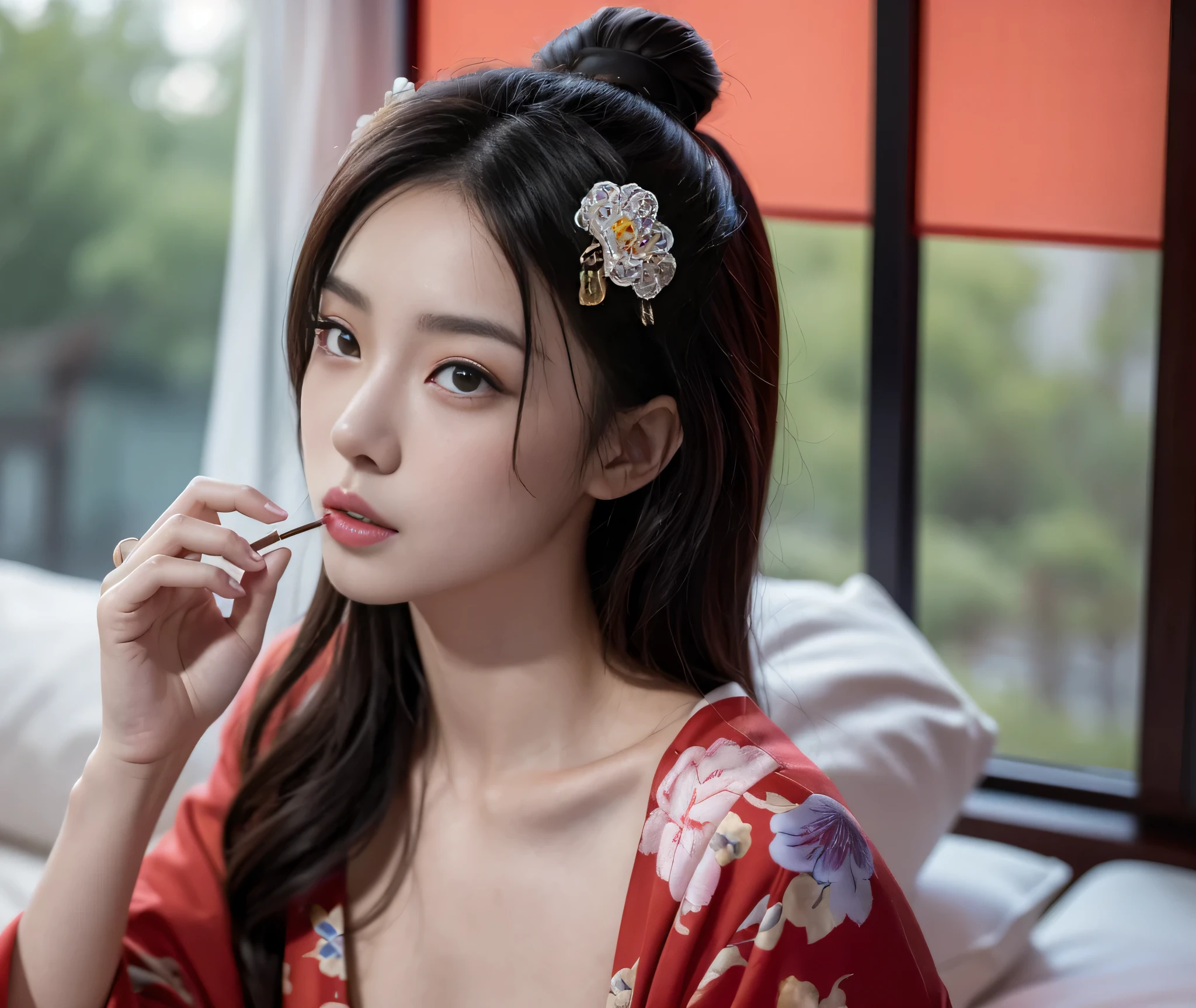 Chinese woman, Sexy female image,Smoking, Blowing smoke,Lying on the bed by the window with my back to the window, You can see the whole body,Bright colors, Mysterious colors,Wearing a show kimono,There is a Japanese geisha tattoo on the left hand,Gentle and intellectual face, Low Angle, Charming eyes,big、beautiful eyes, Big Iris, Ultra HD, HDR, 8k, (masterpiece: 1. 5), (The most beautiful portraits in the world: 1.5)