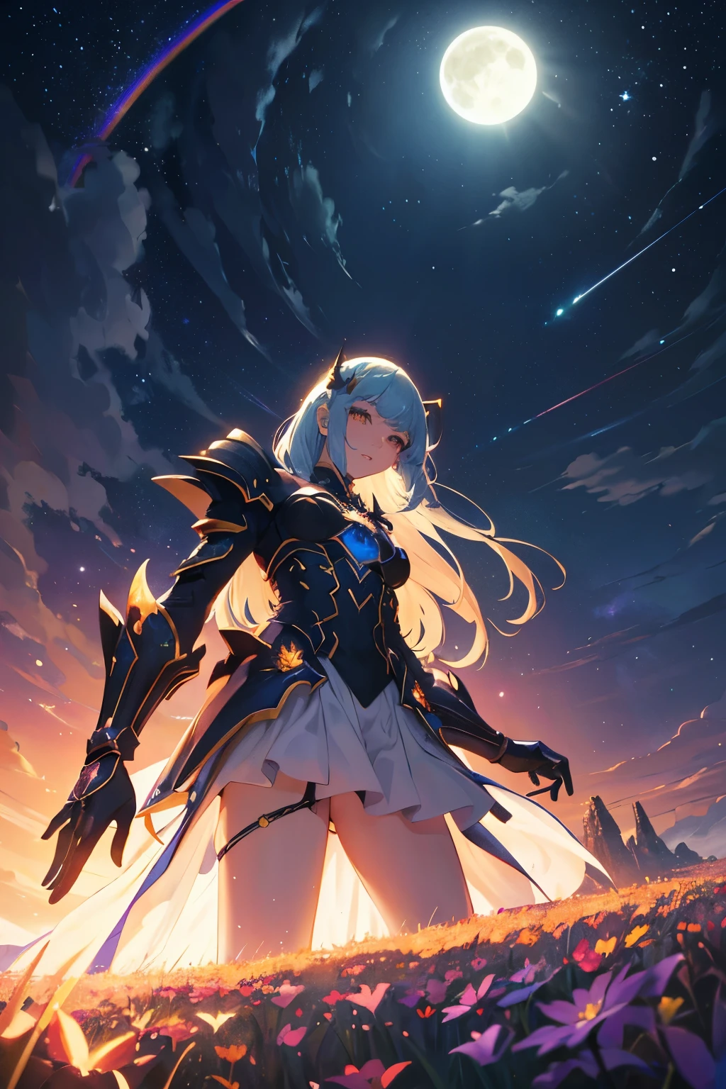 vast landscape photos , (The view from below,Above is the sky,There is an open field below), girl standing in the flower field looking up, (Full Moon:1.2), ( meteor:0.9), (nebula:1.3), Distant Mountains, Tree fracture making art, (Warm light source:1.2), (firefly:1.2), lamp, Lots of purple and orange, Intricate details, Volumetric Lighting, RealismBREAK (masterpiece:1.2), (best quality), 4K, Super detailed, (Dynamic Synthesis:1.4), Very detailed, Colorful Detailed,( Rainbow Colors:1.2), (Luminous lighting, Mood lighting), dream, magic, (Solitary:1.2)