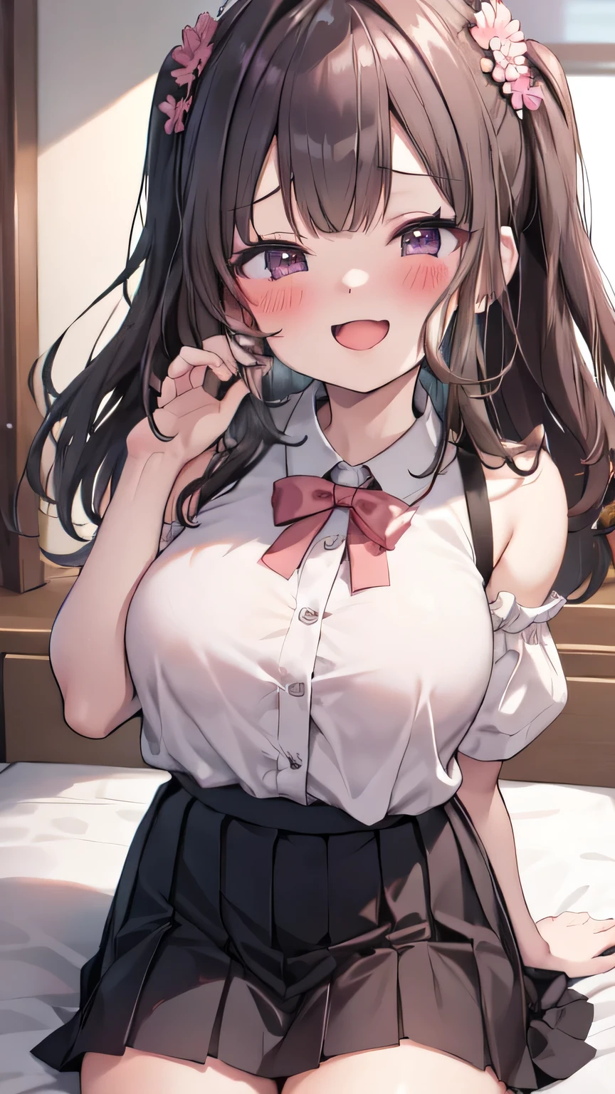 Very detailed、(8k, RAW Photos, highest quality, masterpiece:1.2), (Very detailed 8k wallpaper),shape、Professional Lighting,Sharp focus, Written boundary depth、
Browsing Caution、Clear Eyes、Perfect Anatomy、pretty girl、Cute girl、()、、Black Hair、(blush:1.5)、Open Mouth、(Pleated skirt:1.2)、、、(Plump thighs:1.1)、bed