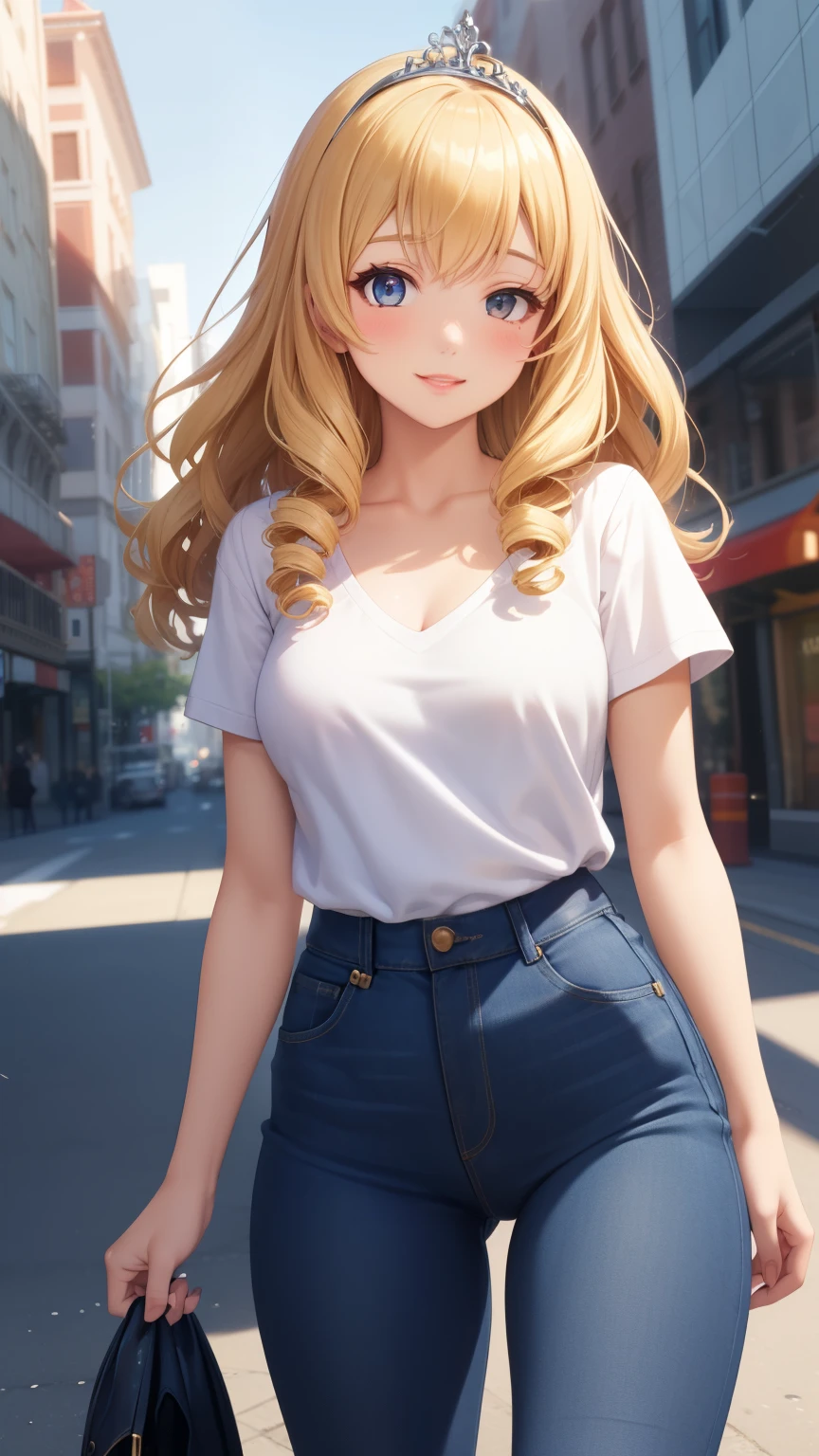 masterpiece, best quality, 1girl, very curly hair, blonde hair, shiny hair, medium breasts, narrow waist, looking at viewer, glossy lips, good lighting, latifa fleuranza, light smile, city street, jeans, v-neck t-shirt, tiara, diadem