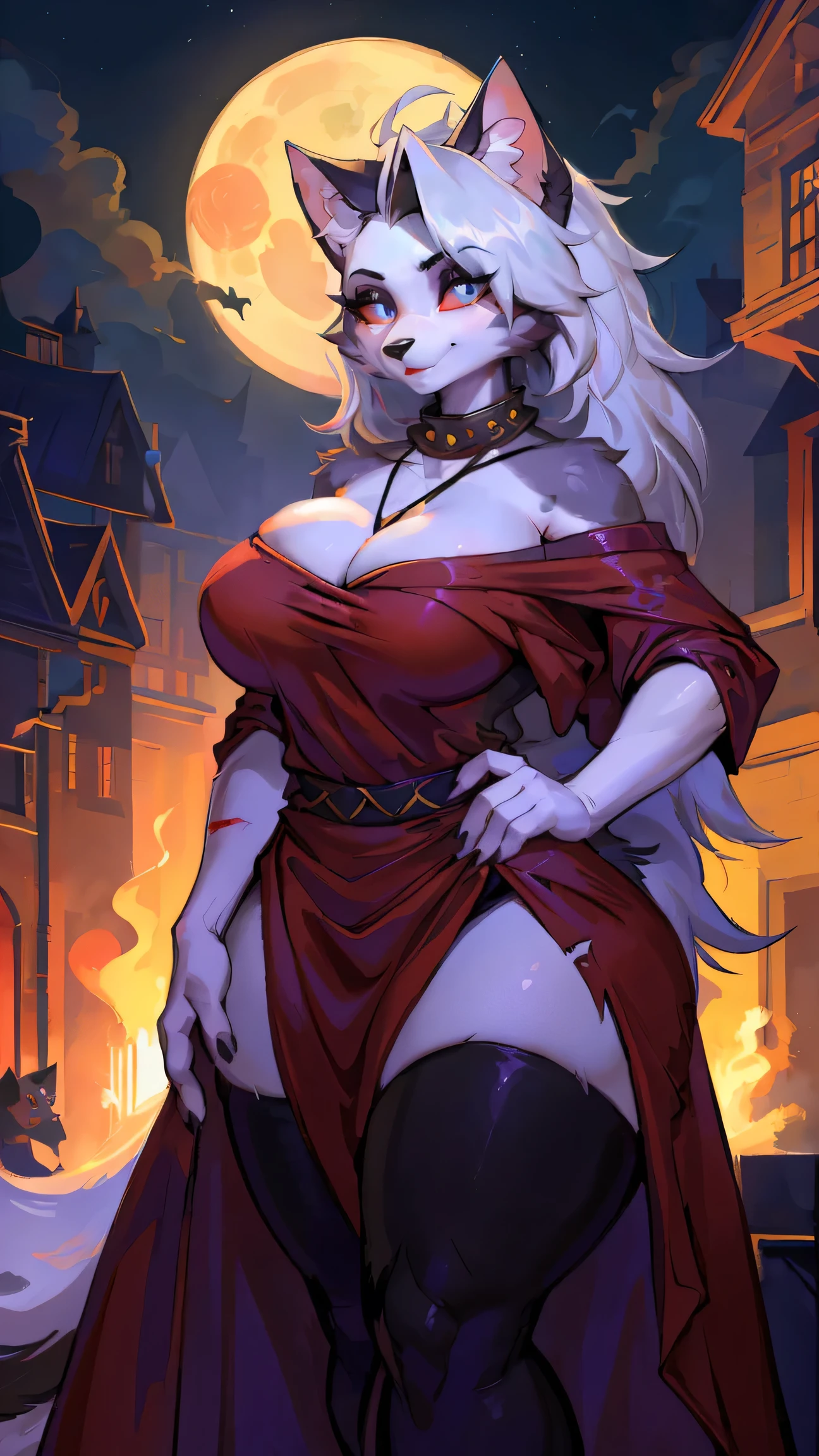 red robe,Large Breasts,front,(furry:1.5),wolf_girl,(beautiful/detailed eyes:1.1),long lashes,flowy chiffon,(jewelry/accessories:1.1),well-proportioned figure,(thick thighs:1.1),loona,perfectly high-detail facial features,(perfect detailed eyes:1.5),upright pupils,(cat-like eyes:1.5),smiling,extremely charming,silky long hair,perfect bust,extremely charming and gentle smile,(undead mage:1.2), Blood Moon, Ray Tracing, masterpiece, best quality, Ultra-high quality, Ridiculous details,,(best quality,4k,8k,highres,masterpiece:1.2),ultra-detailed