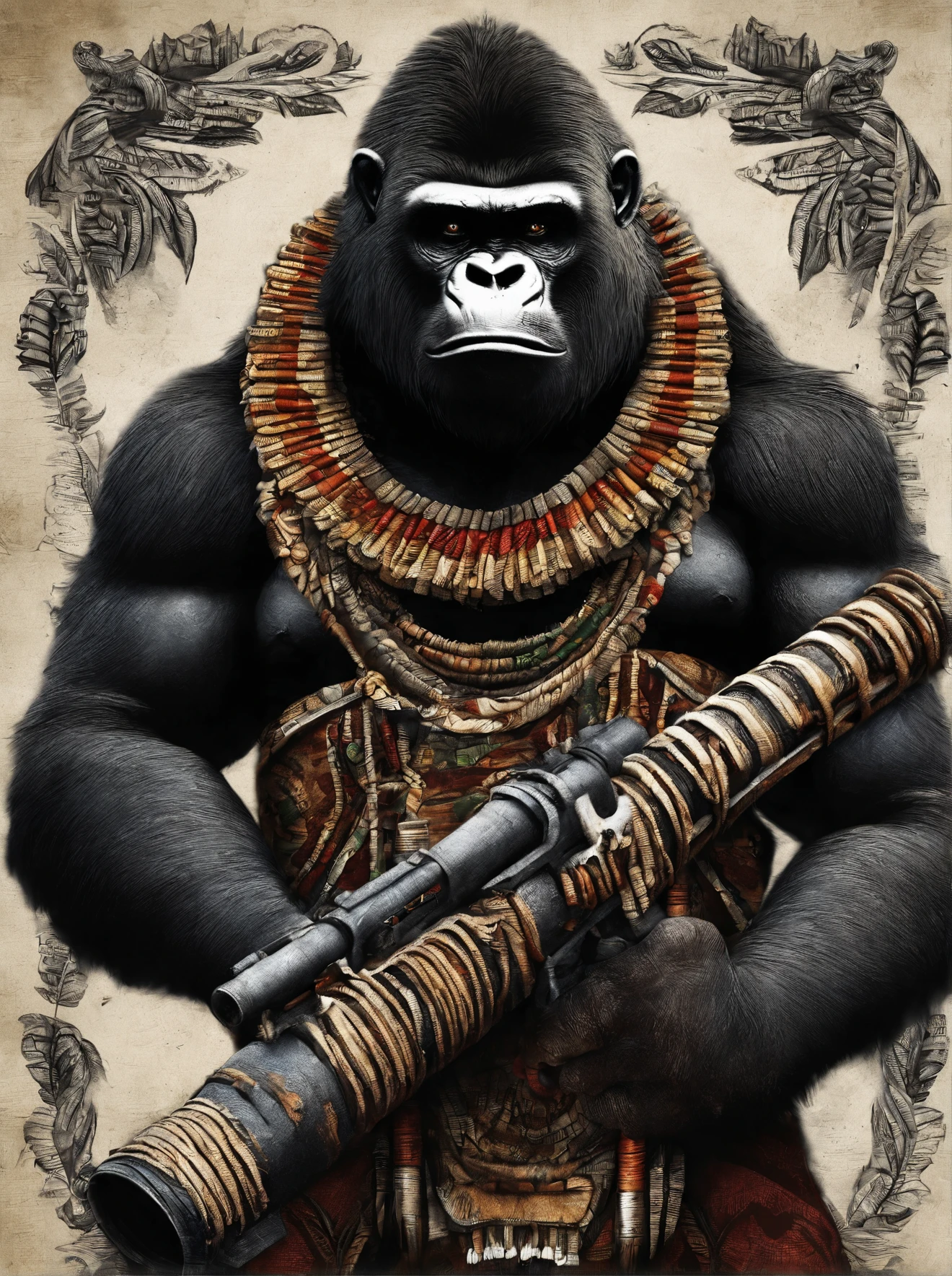 gorilla holding large rocket launcher, military photography, realistic looking bazooka rocket launcher, war setting
