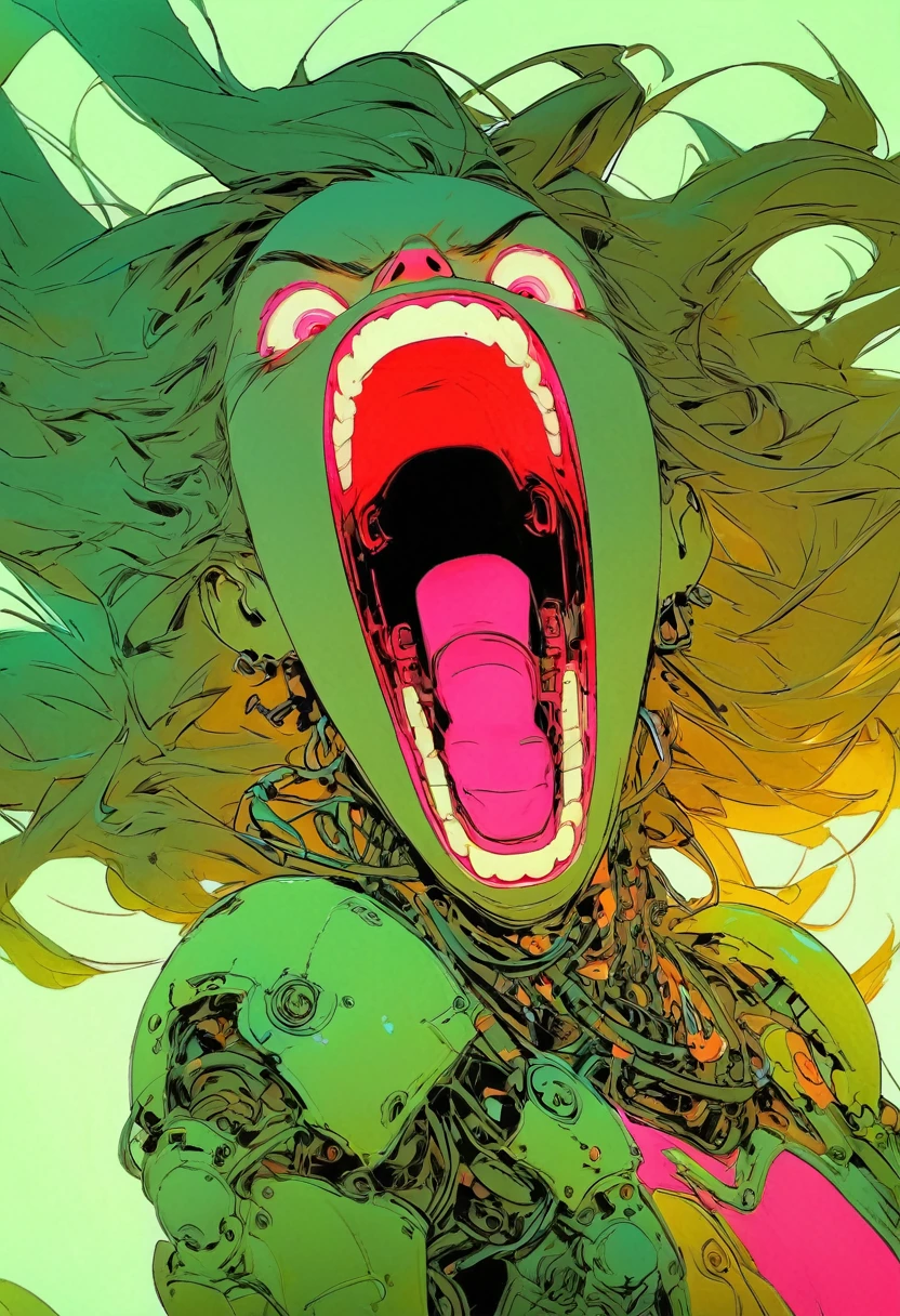 open mouth, solo, glowing, mechanical parts, long hair, teeth, glowing eyes, floating hair, android, cable, 1girl, science fiction, tongue, gradient, gradient background, upper body, sharp teeth