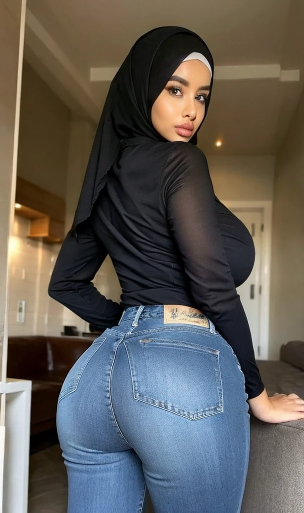 Hijab,big breast,huge ass,long jeans,black shirt, look at viewer