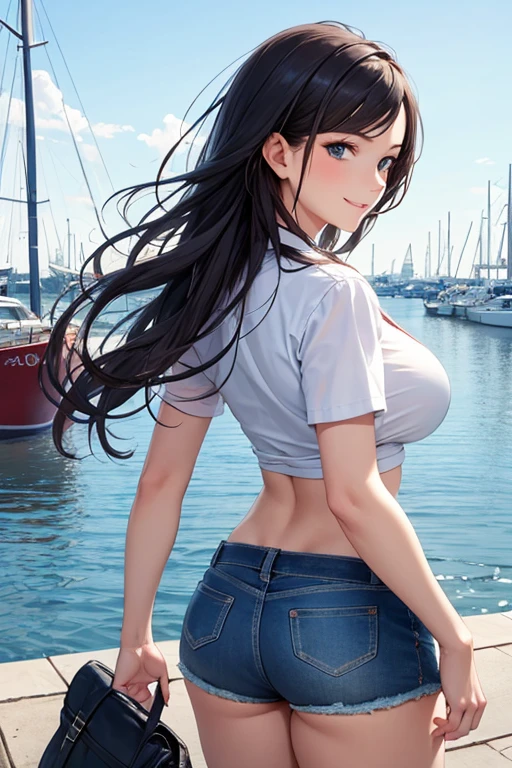 A very very beautiful woman, 35 years old, perfect body, nice full round big naked breasts, round and firm bottom, narrow waist, very sweet slightly oval face, very sweet winking smile, blue eyes, fine and thin slightly upturned nose, long hair halfway down her back fluttering in the wind, wearing very short denim shorts, walking sexy and persuasive along a harbour quay, looking at sailing boats, maximum face  realism, maximum image quality, 8k, hdr, lots of detail (masterpiece)