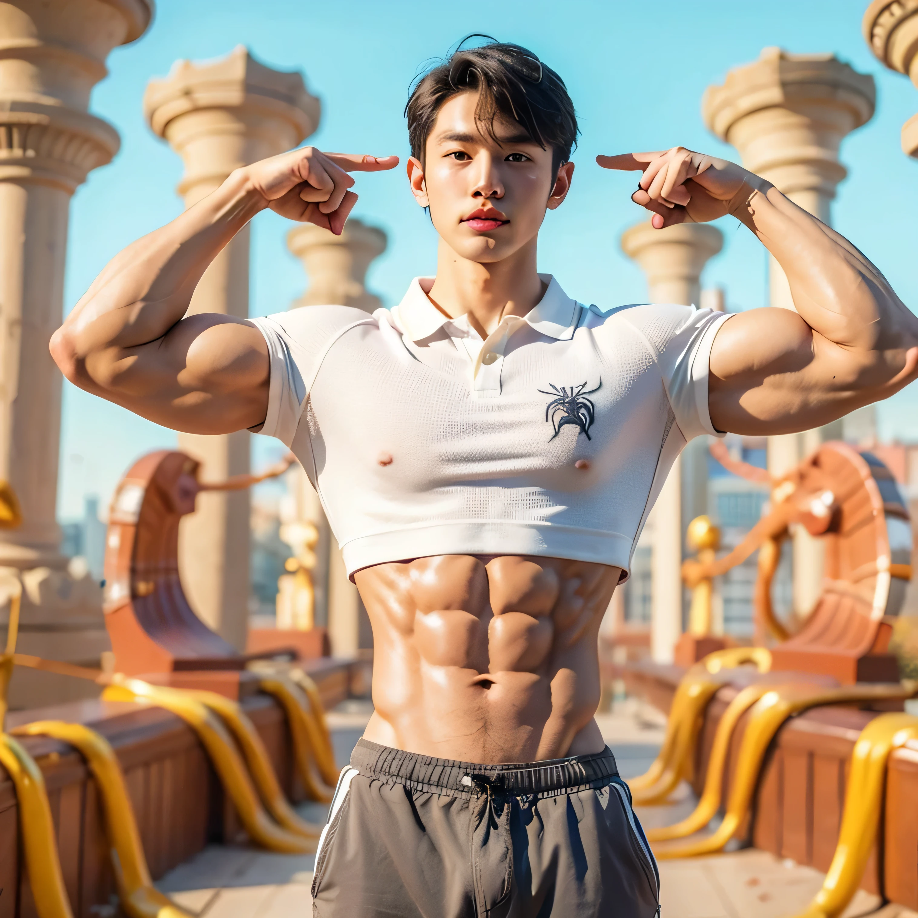 a handsome korean boy descent  wearing a Spiderman costume abs while showing off his muscles, full body, standing, muscular legs, jungle background, 3d Animation 