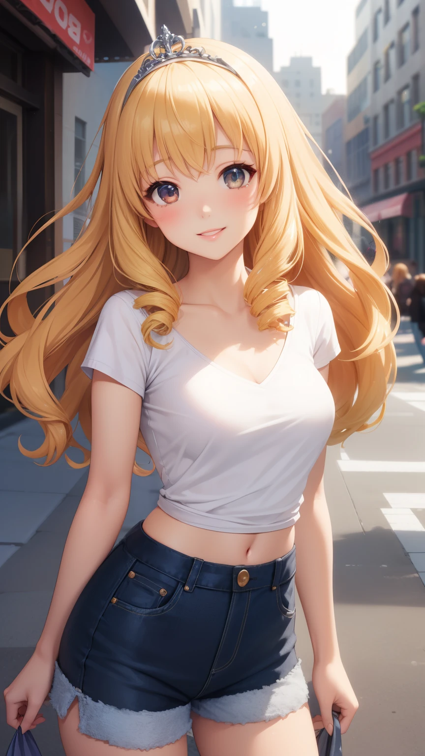 masterpiece, best quality, 1girl, very curly hair, blonde hair, shiny hair, medium breasts, narrow waist, looking at viewer, glossy lips, good lighting, latifa fleuranza, light smile, city street, shorts, v-neck t-shirt, tiara, diadem