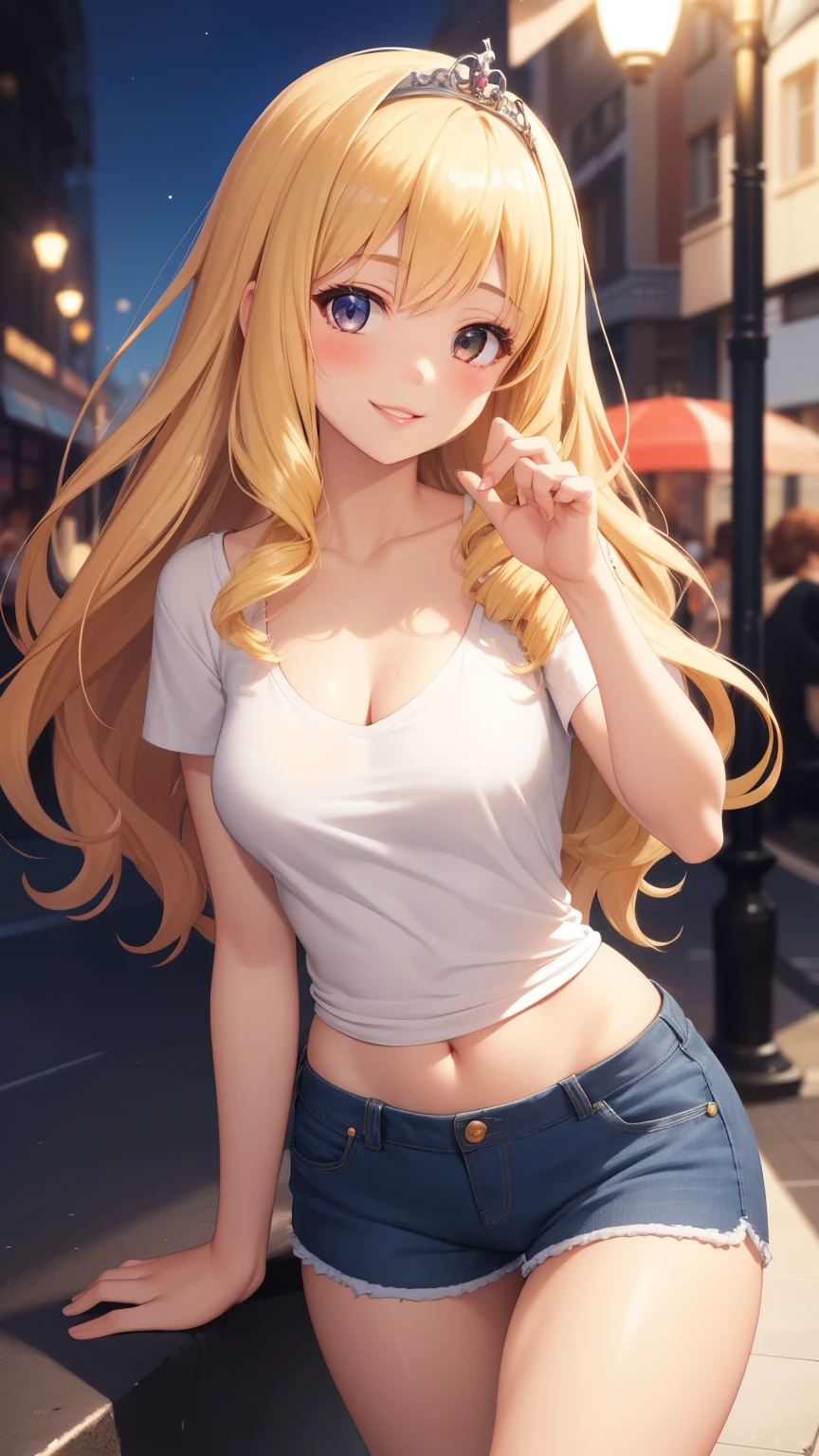 masterpiece, best quality, 1girl, very curly hair, blonde hair, shiny hair, medium breasts, narrow waist, looking at viewer, glossy lips, good lighting, latifa fleuranza, light smile, city street, shorts, v-neck t-shirt, tiara, diadem