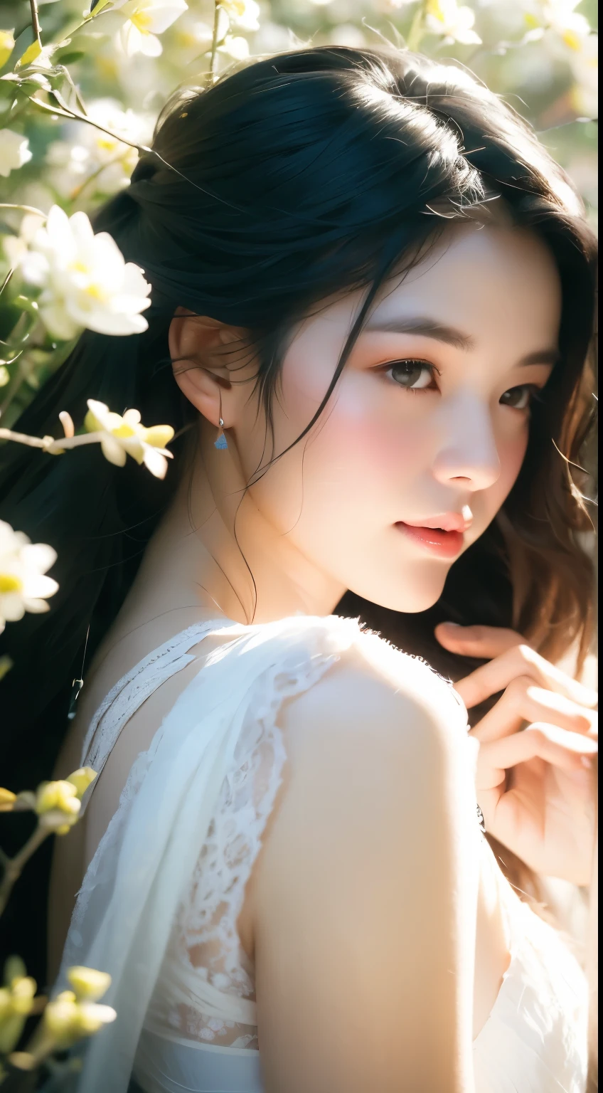 (8k, original photo, best quality, masterpiece:1.2), (actual, photo-actual:1.37),1 girl, Full body image, Black Hair, Flowing hair, Hazy Beauty, Extremely beautiful facial features, White embroidered dress, Hairpins on the head, lying among flowers, Hand dragging chin, Perfect hands, White flowers, (spring, Rainy Day, Terraced Fields, Mountains), Simple vector art, Chinese Contemporary Art, Soft Light, Tangled scarf, Overlooking