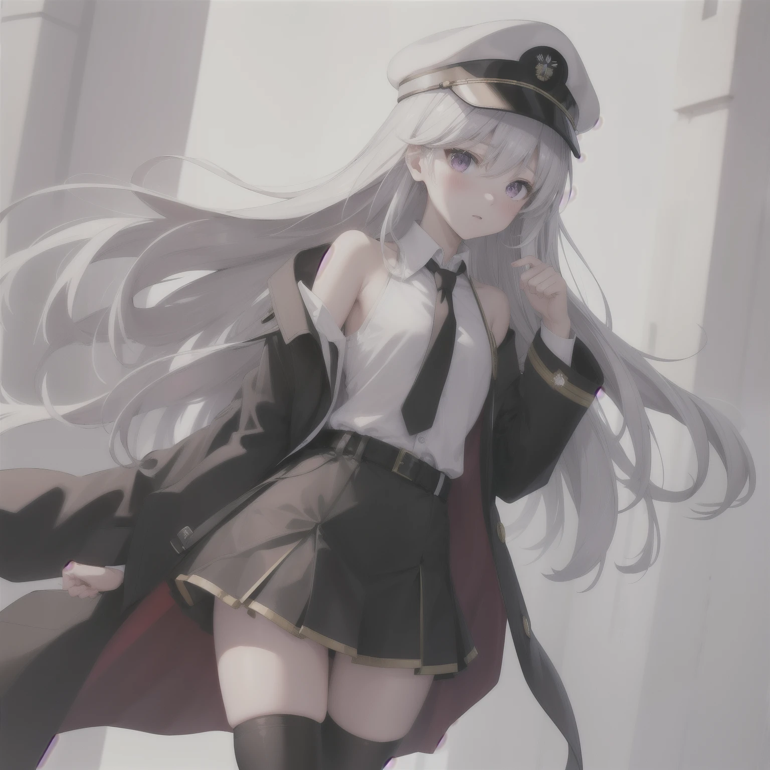 (masterpiece, highest quality:1.2),figure,8k,High resolution,One girl,alone,Cowboy Shot,length_hair,Have,tie,white Have,skirt,white_hair,Knee socks,Peaked_cap,purple_eye,No sleeve,chest,shirt,white shirt,black_tie,No sleeve_shirt,Pleats_skirt,very_length_hair,big_chest,black_coat,miniskirt,Open_coat,just_shoulder,Open_Clothes,zettai_ryouiki,black_Knee socks,army_Have,belt,black_skirt,With collar_shirt,前hair,hair_between_eye,Underbust,blush,