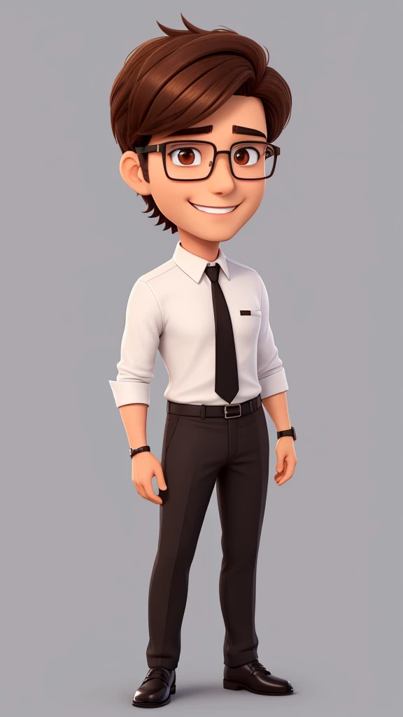 A man of 30 years old, with short brown hair,diamond face, strict look, and brown eyes, wearing white white shirt with necktie and glasses. full body, sweet smile, wearing black skinny pants