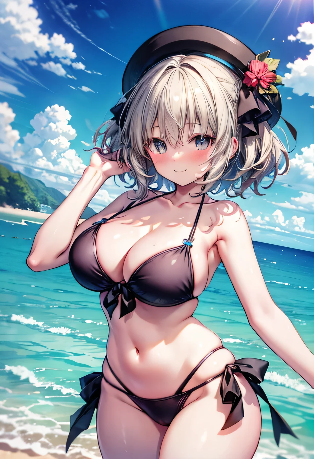 Anime illustration、highest quality、Sandy Beach、Image Video、Idol、Perfect proportions、bikini、Overwhelmingly large breasts、Very thick legs、Beautiful, shining eyes、Blushing、smile、Cowboy Shot