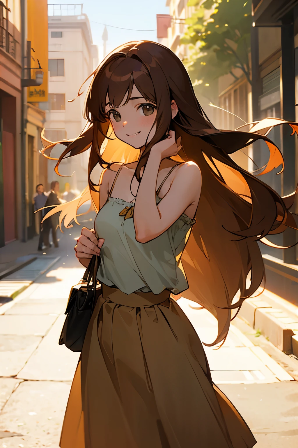 Top quality, 1 beautiful woman, long Hair, brown hair, wearing Camisole & skirt, shy-smile, Sunlight, at street