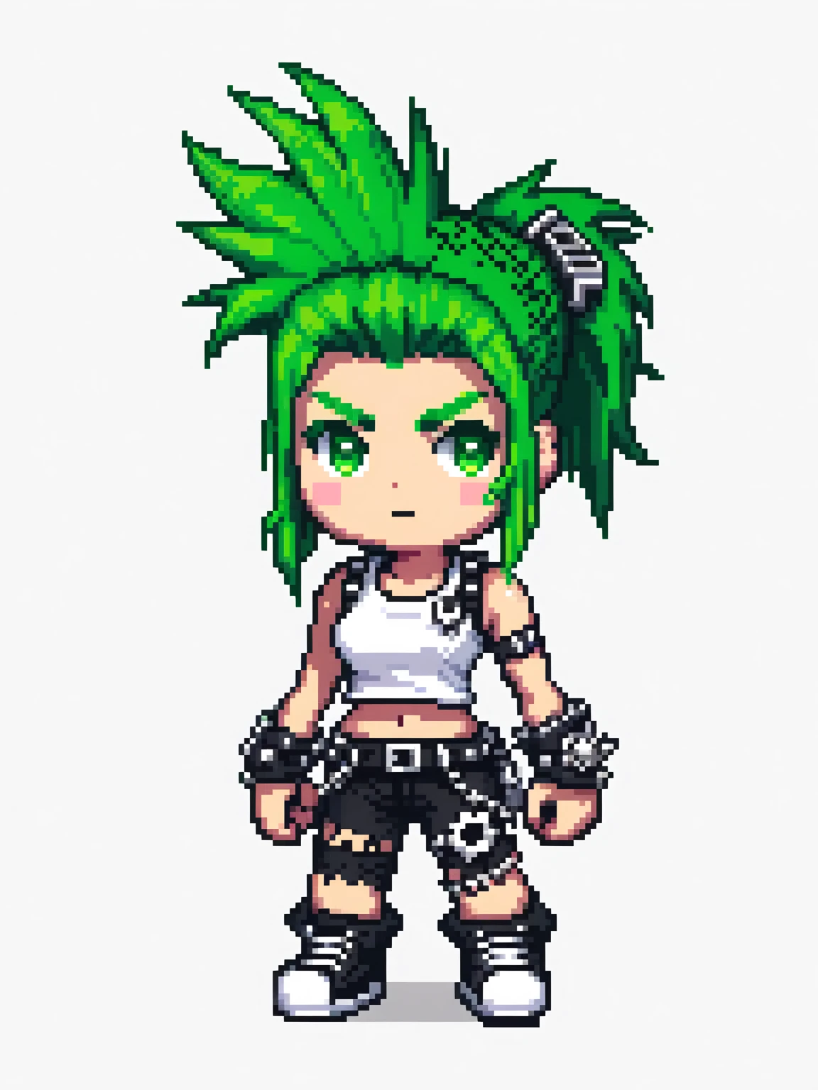 pixel art, punk rock, character de jogo adulto, color white, roupa white, simple white background, game icon, 64 bit style