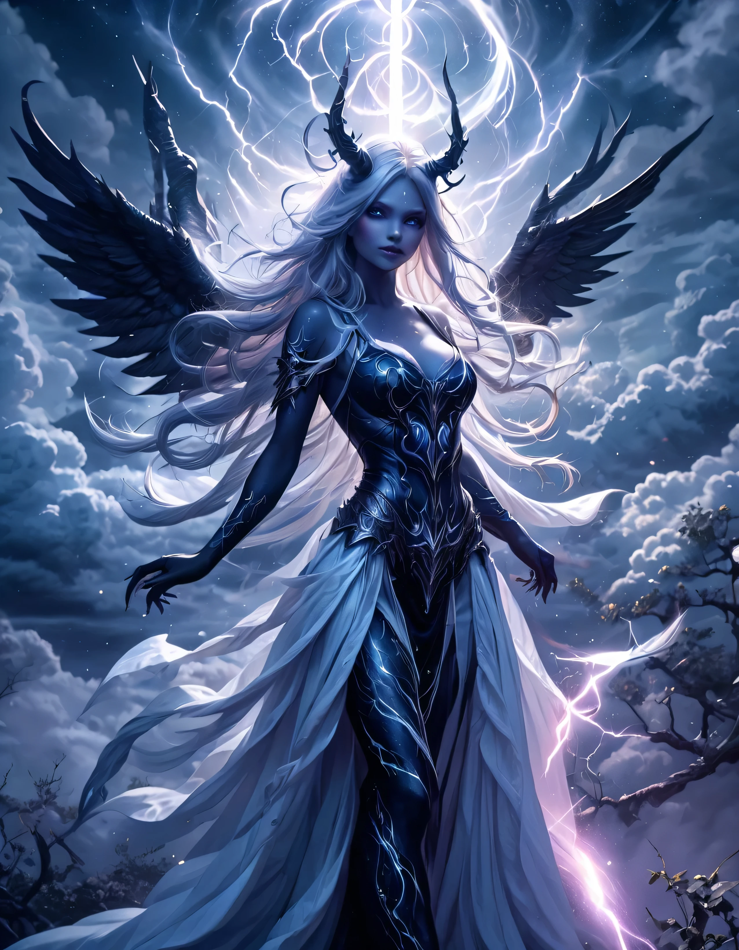 Full body shot, Demoness, busty, ((highest quality)),(ultra high resolution),(Super detailed),(detailed description),((best CG)),(best work of art),super precision art,amazing drawing art,(Fantasy art with intricate detail:1.5), A spear of light that pierces heaven and earth,Lightning emanating from the aurora cuts through the night sky,Angels blowing the trumpets of the end