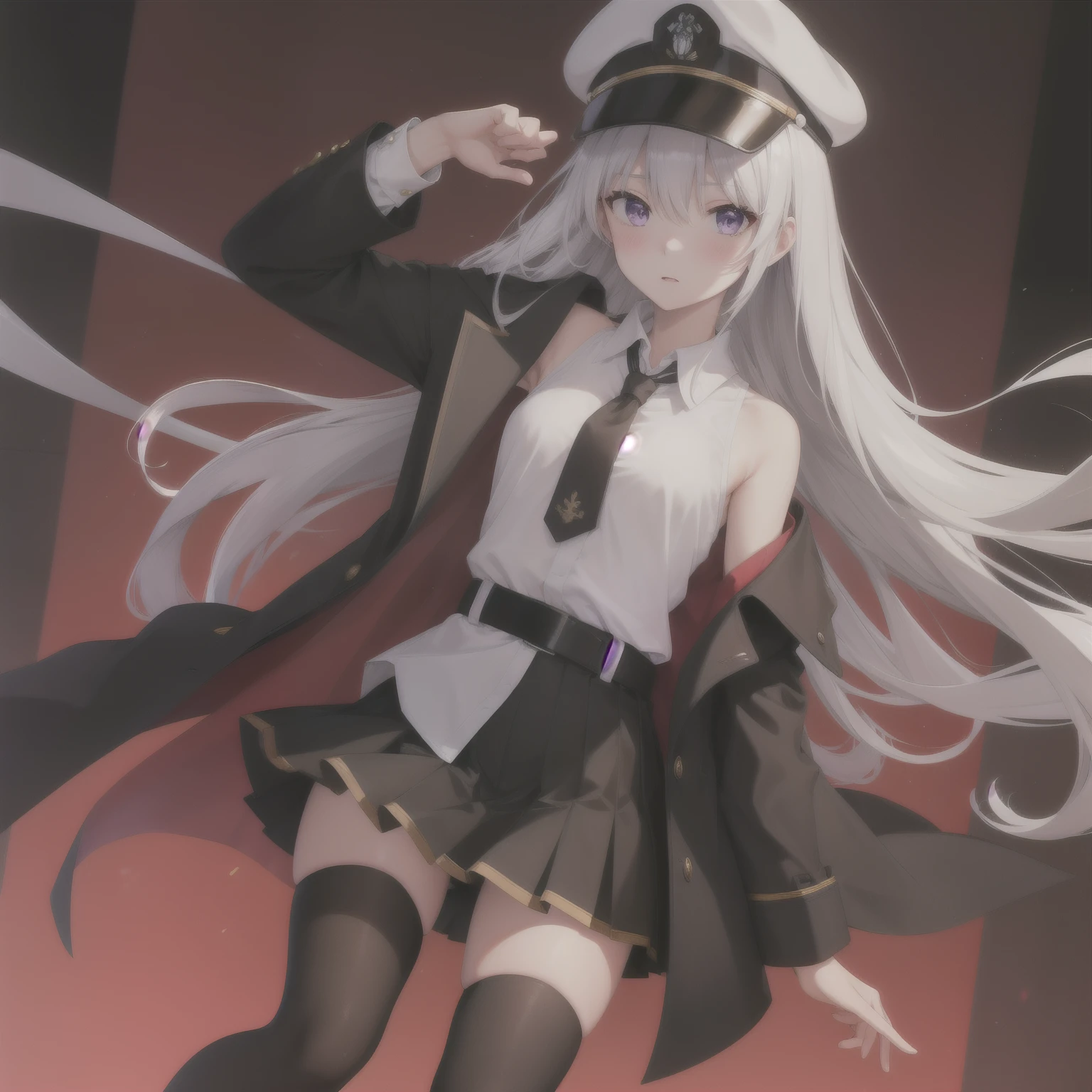 (masterpiece, highest quality:1.2),figure,8k,High resolution,One girl,alone,Cowboy Shot,length_hair,Have,tie,white Have,skirt,white_hair,Knee socks,Peaked_cap,purple_eye,No sleeve,chest,shirt,white shirt,black_tie,(chestの谷between),No sleeve_shirt,Pleats_skirt,very_length_hair,big_chest,black_coat,miniskirt,Open_coat,just_shoulder,Open_Clothes,zettai_ryouiki,black_Knee socks,army_Have,belt,black_skirt,With collar_shirt,前hair,hair_between_eye,Underbust,blush,