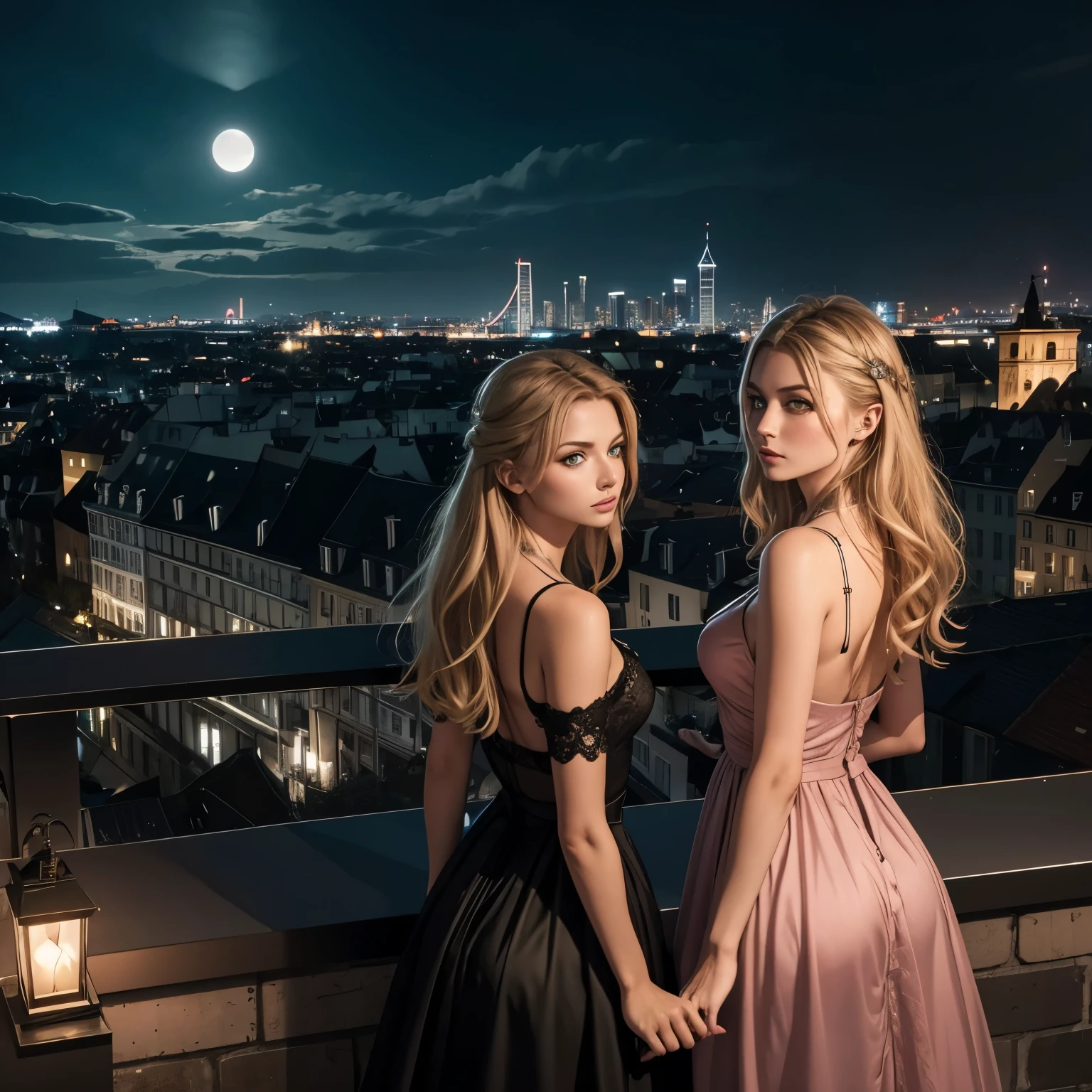 Meisterwerk, Fotorealistisch, 2 girls, umarmend, rotes langes Haar, blaue Augen, Leuchtende Augen, schwarzer Lack Top, schwarzer Mini Rock, blondes geflochtene Haare, green eyes, langes rotes Kleid, Leuchtende Augen, open lips, blush, Nacht, voll Mond, Terasse, Hintergrund Skyline, Looking back, sehr Sexy, unzensiert