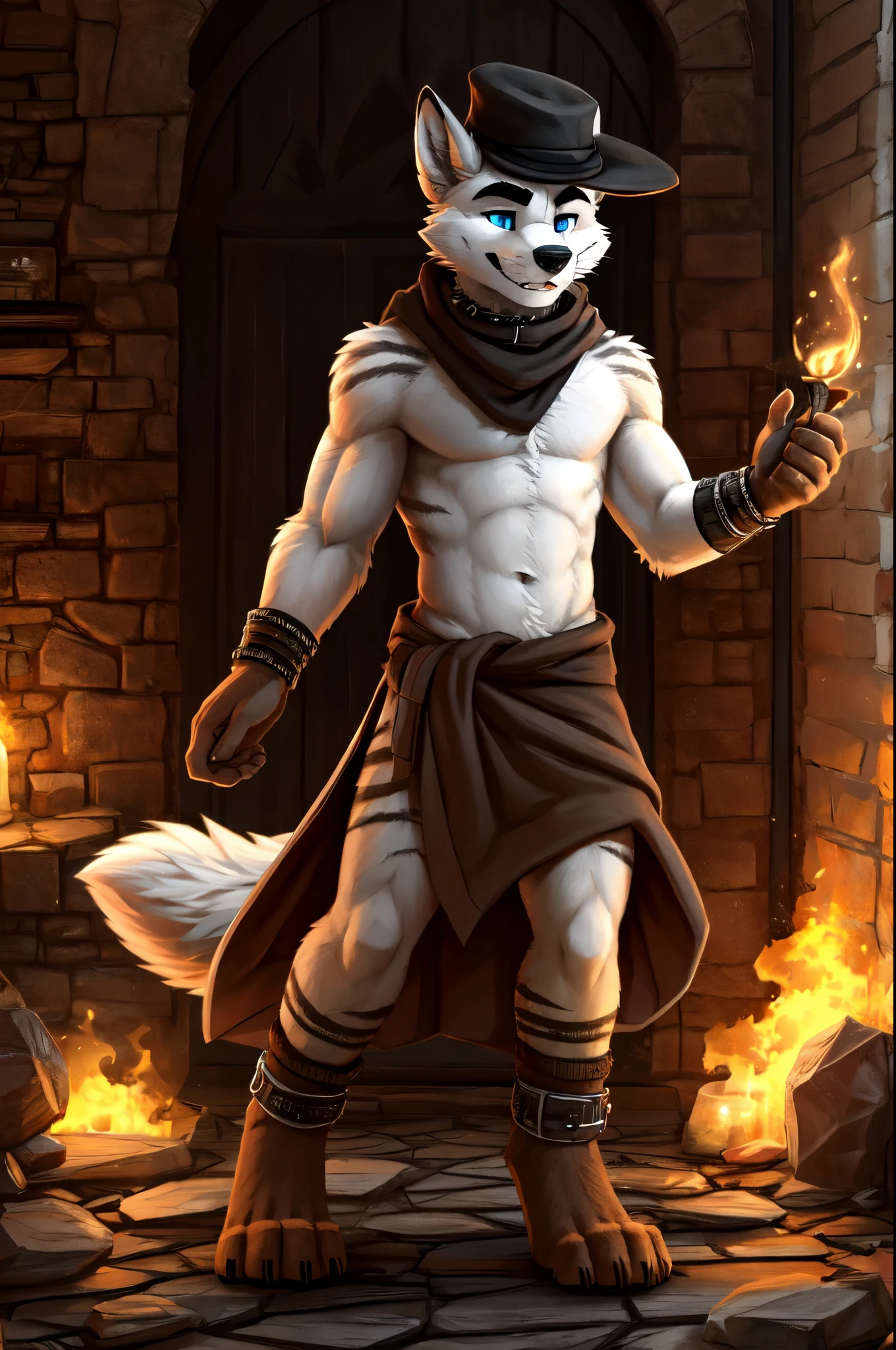 Solo, teen furry, furry, teen, white fox, white body, grey stripes, black hat, brown_towel around waist, holy magic, masterpiece, Detailed face, big eyebrows, blue eyes, detailed eyes, No muscles, twink, Detailed hands, Flat body, Skinny, Detailed paws, no shirt, no underwear, metal bands on wrists, oversized collar, metal bands on ankles, art by pache_riggs, casting a spell, black scarf