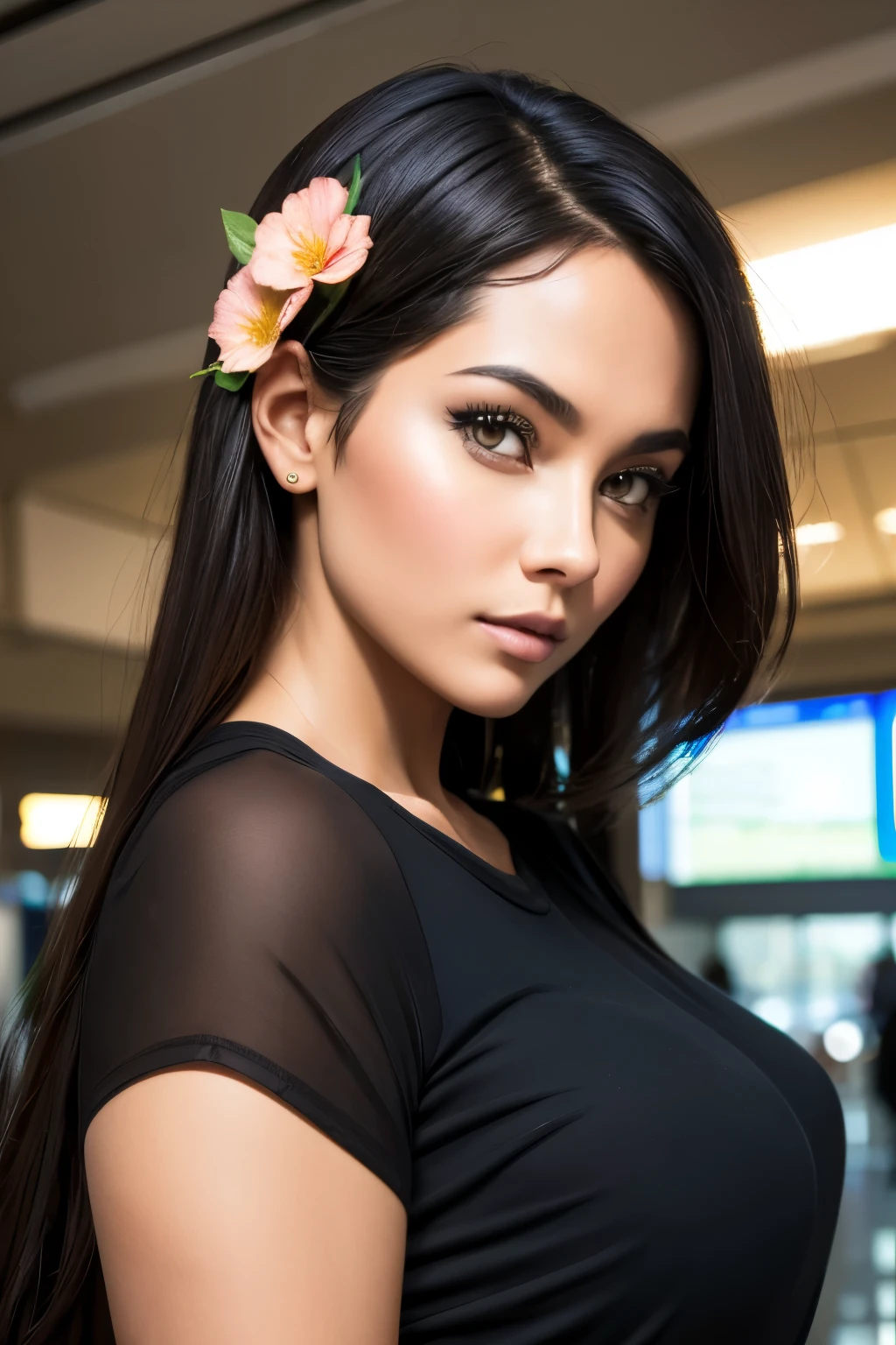 Slender black-haired short woman, 29 years old, floral pleated wrap t-shirt, brown pleated miniskirt, high resolution, masterpiece, ultra-detailed, 8k, realistic digital art, 32k, ultra-high definition, fantasy art work, award-winning A very detailed face, looking at the viewer, super detailed, detailed eyes, detailed beautiful face, airport lobby