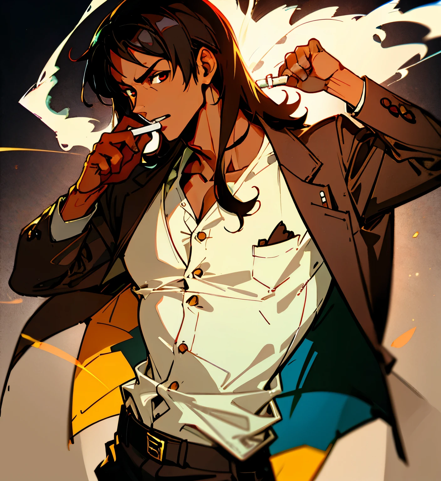 Male, long black hair, tan skin, dark skin, brown skin, handsome face, cocky expression, cigarette, suit, open shirt, muscular, scars, white button up shirt, suit jacket, masculine, brown eyes