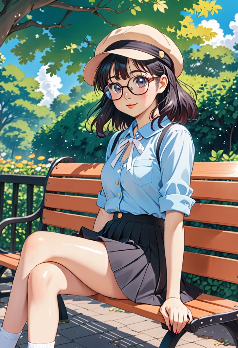 Anime girl with glasses and a hat sitting on a bench, Marin Kitagawa Fanart, Cute girl anime visuals,Arale-chan， As an anime character, Anime Moe Art Style, Magic , safebooru anime images, y 2 k cutecore crowncore, Short full body portrait!, Skirt Lift