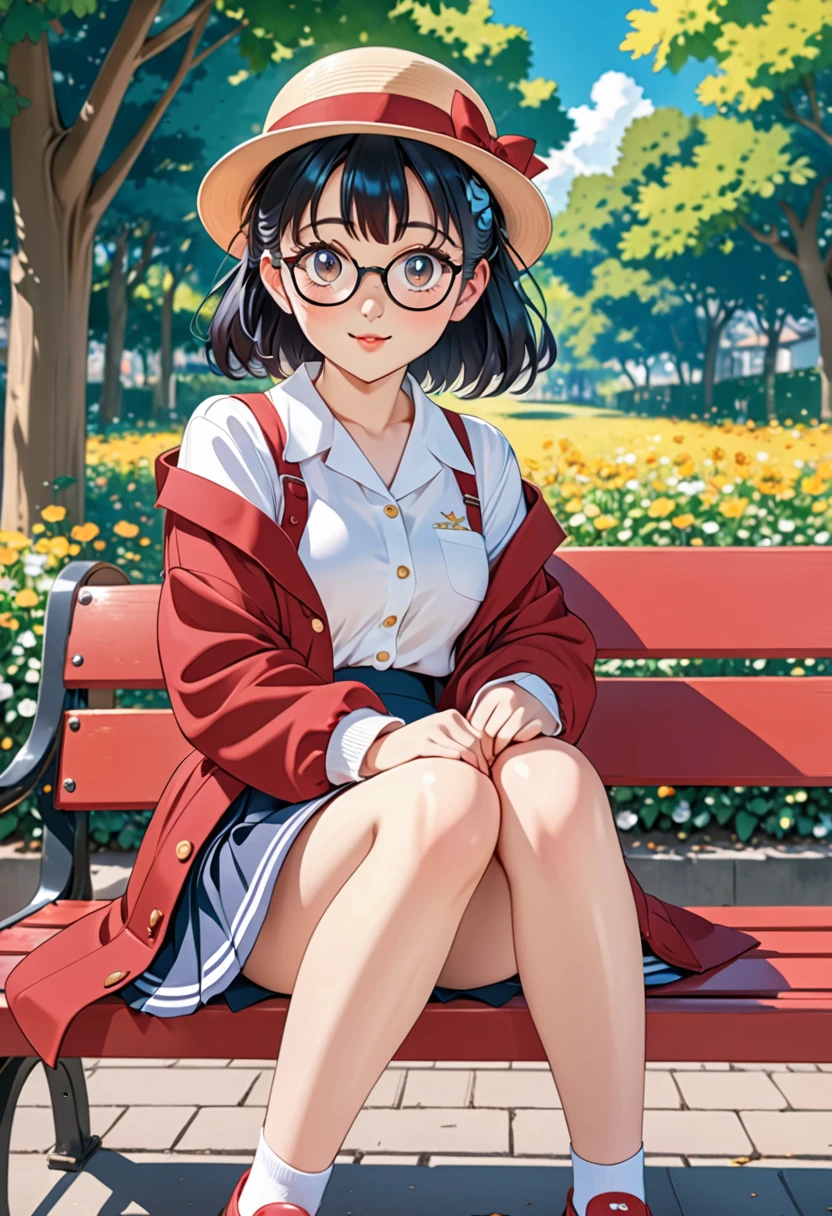 Anime girl with glasses and a hat sitting on a bench, Marin Kitagawa Fanart, Cute girl anime visuals,Arale-chan, As an anime character, Anime Moe Art Style, Magic , safebooru anime images, y 2 k cutecore crowncore, Short full body portrait!, Skirt Lift