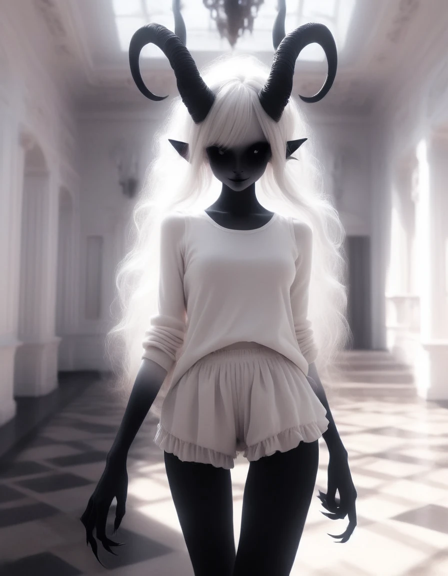 walking through  a decadent mansion , a  very pale white  skin demon girl with black horns, (pitch black eyes:1),( wearing white tank sweater and white tutu:1.2) , ( black gradient arms and legs:1.2) , white hair , well lit  , very skinny,     