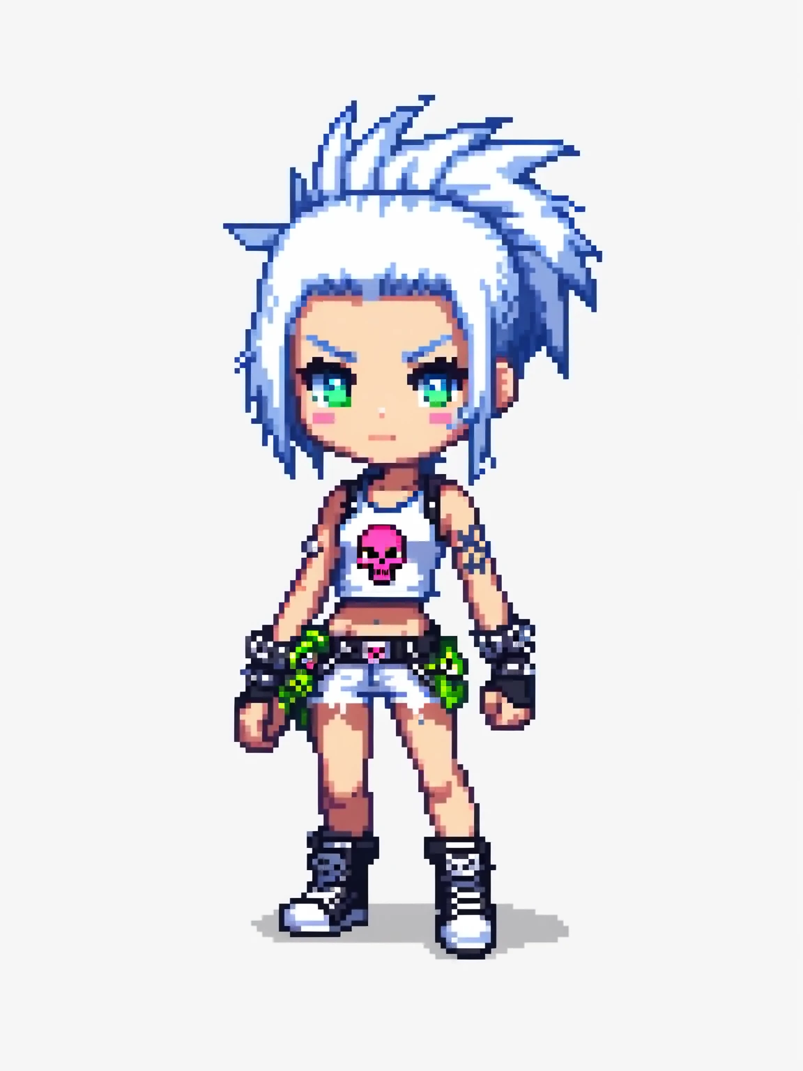 pixel art, punk rock, character de jogo adulto, color white, roupa white, simple white background, game icon, 64 bit style