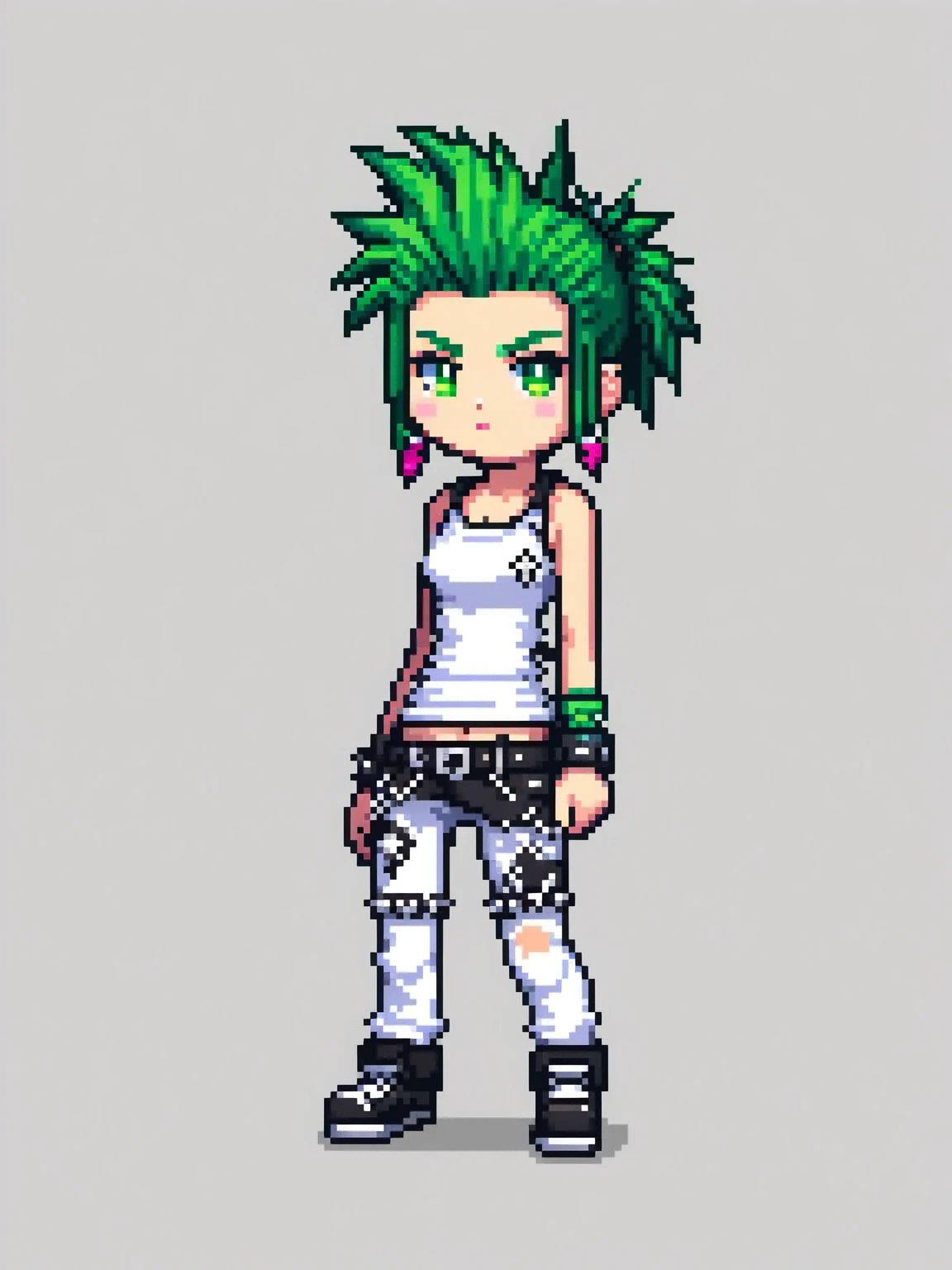 pixel art, punk rock, character de jogo adulto, color white, roupa white, simple white background, game icon, 64 bit style