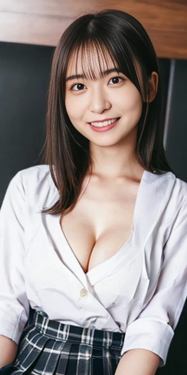 masutepiece, Best Quality,
Ultra-detailed, finely detail, hight resolution, in 8K,
(8k, RAW Photos, highest quality, masterpiece:1.2), (Realistic, photo-Realistic:1.37), Very detailed, Ultra-high resolution,1 girl,Looking at the audience,short hair,Beautifully detailed face,smile,narrow,(Narrow waist:1.3),White underwear, Beautiful, smooth skin, Skin Texture, Floating Hair,Professional Lighting,((bending forward)),((micromini skirt:1,5)),((Smile,Harajuku)),((Sexy shot looking at camera)), Japanese Gravure Idol、((17-year-old))、Small hands、Big Breasts、Beautiful legs、((I can see her cleavage:1.0))、There is a gap、((She is wearing a black dress shirt and a tight black skirt.))、((sitting on a desk)),(Plaid pleated skirt:1.5)