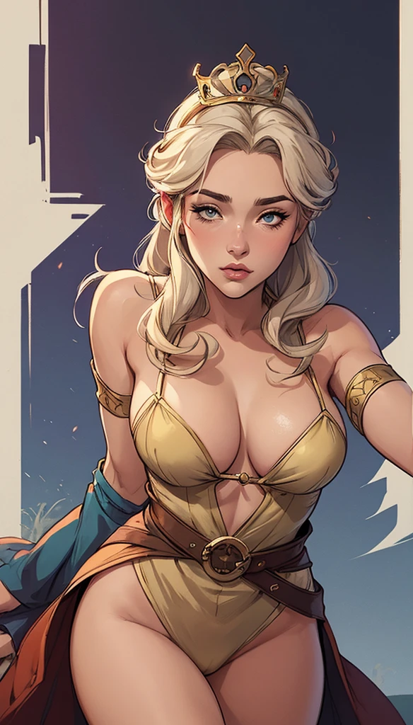 Character woman style beautiful breasts symmetrical medium breasts Fiona queen Anna of Arendelle with war marks Cartoon image of a woman .Ilustra??o estilo desenho animado, estilo de arte dos desenhos animados, estilo de arte dos desenhos animados, digital illustration style, estilo atompunk design de personagens altamente detalhado, arte digital detalhada coragem, Forest fan art, Design de personagens de retrato, beautiful digital illustration, retrato de alta qualidade, Arte em quadrinhos, mulher jovem cabelo com transas lindas . Queen Anna of ArendelleBeautiful lined eyes Medium large bust and wonderful sexy clothes. image expression of sexual desire from waist to head illustration Queen Anne of Arendelle atompunk style Fallout 4 style pose playboy magazine