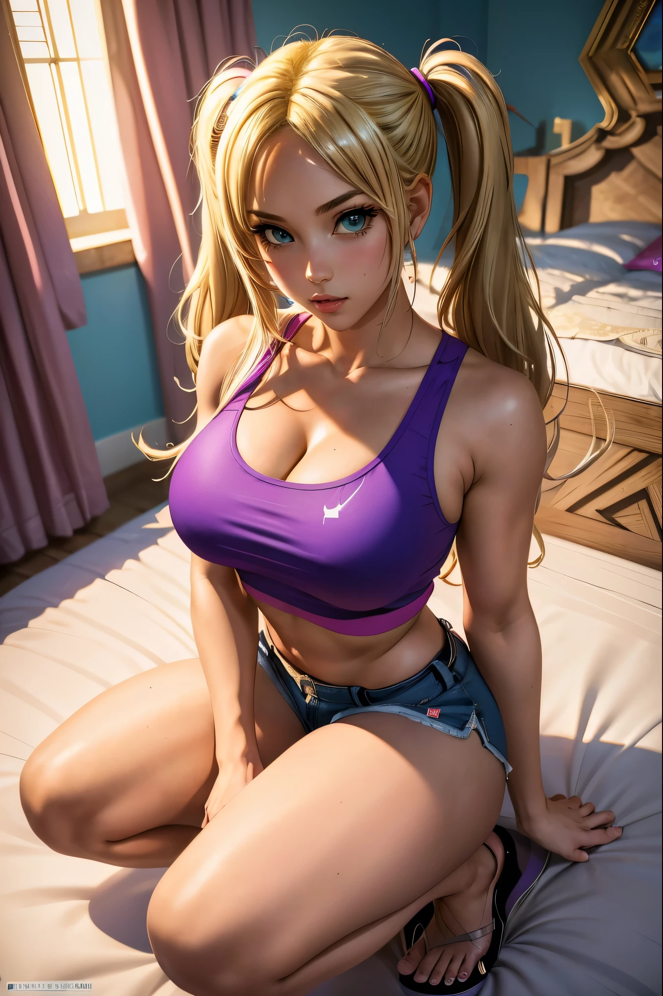 (masterpiece, best quality:1.2), cowboy shot, solo, 1girl, juliet starling, looking at viewer, twintails, blonde, blonde hair, crop top, tight shorts, flops, thighs, feet, midriff, masterpiece, best quality, highly detailed, volumetric lighting, modern mansion bedroom, squatting, comfy, 1girl, big breasts, big tits, playful, comfy, sexy brat, from above, full body, cuerpo entero