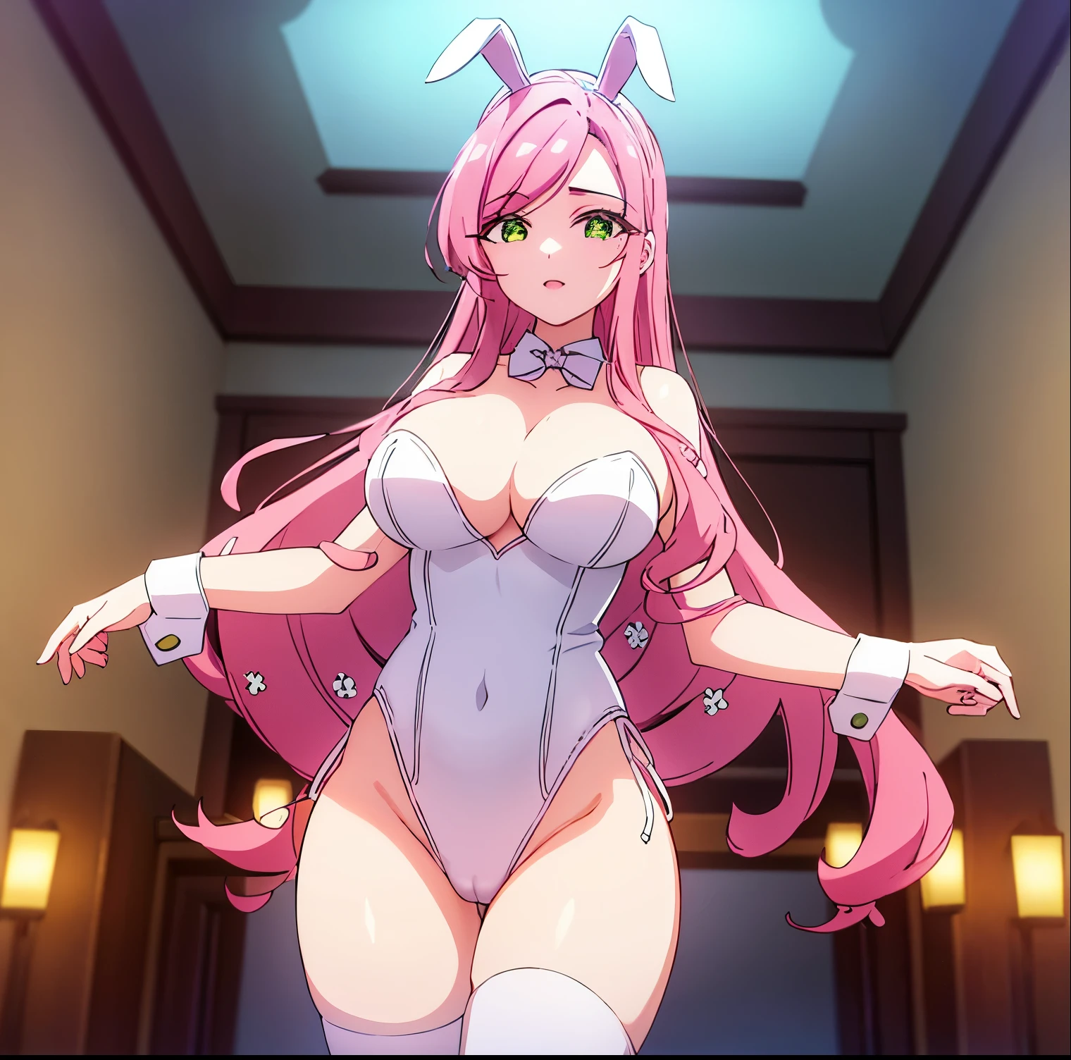 1 girl, alone, hahari hanazono, long hair, bangs, (green eyes: 1.2), pink hair, flower, hair flower, green eyes, smile, indoors, casino, (pink Playboy bunny outfit: 1.5), pink headband ,little Playboy bunny ears, from behind,looking at viewer,pov:(from below) (masterpiece: 1.2), best quality, high resolution, Unity 8k wallpaper, (artwork: 0.8), green eyes (beautiful eyes detailed: 1.6), extremely detailed face, perfect lighting, extremely detailed CG (perfect hands, perfect anatomy), large breasts, medium waist. , wide hips, medium thighs, round butt