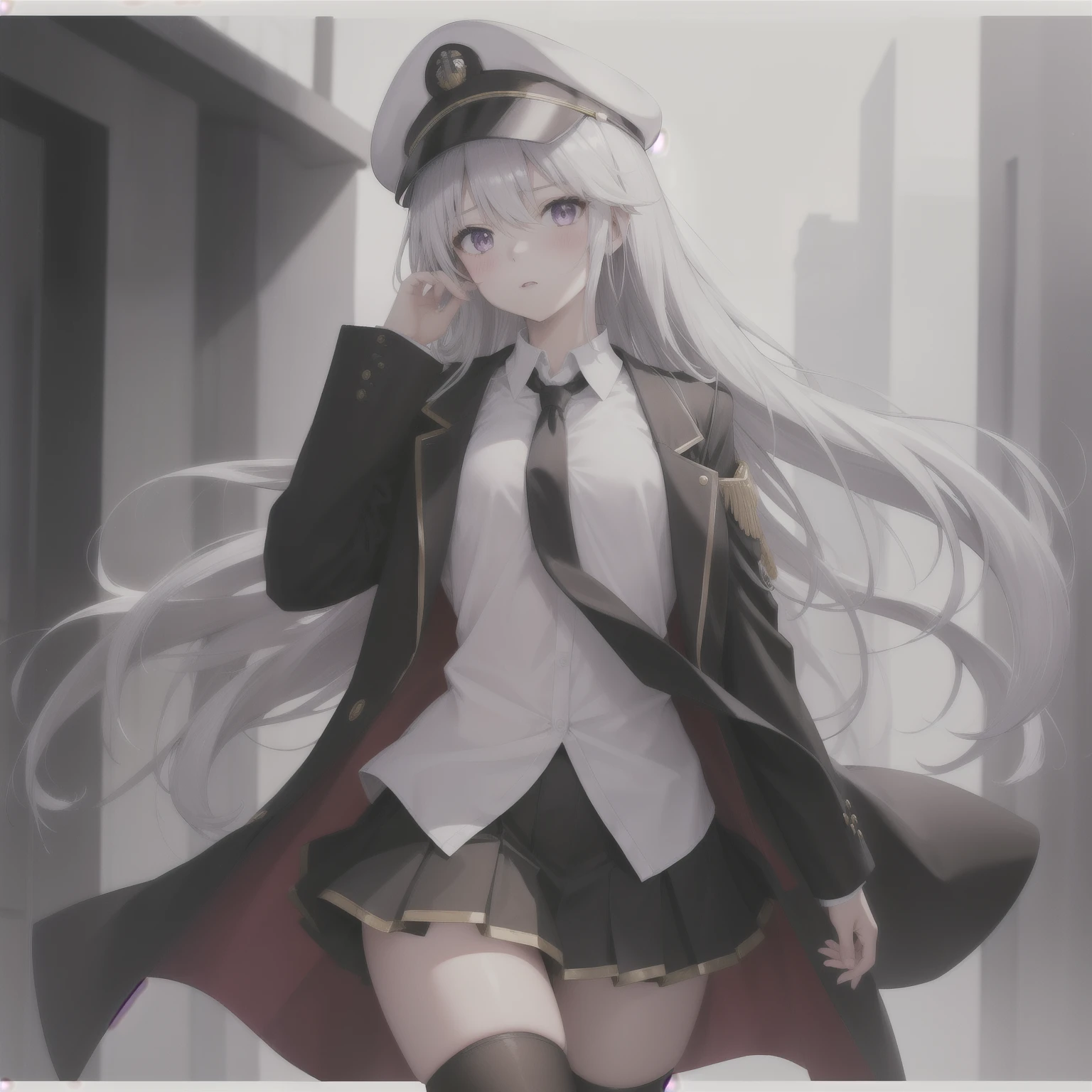 (masterpiece, highest quality:1.2),figure,8k,High resolution,One girl,alone,Cowboy Shot,length_hair,(Sexy pose),Have,tie,white Have,skirt,white_hair,Knee socks,Peaked_cap,purple_eye,chest,((whiteいビキニ)),black_tie,(chestの谷between),No sleeve_shirt,Pleats_skirt,very_length_hair,big_chest,black_coat,miniskirt,Open_coat,just_shoulder,Open_Clothes,zettai_ryouiki,black_Knee socks,army_Have,belt,black_skirt,With collar_shirt,前hair,hair_between_eye,Underbust,blush,