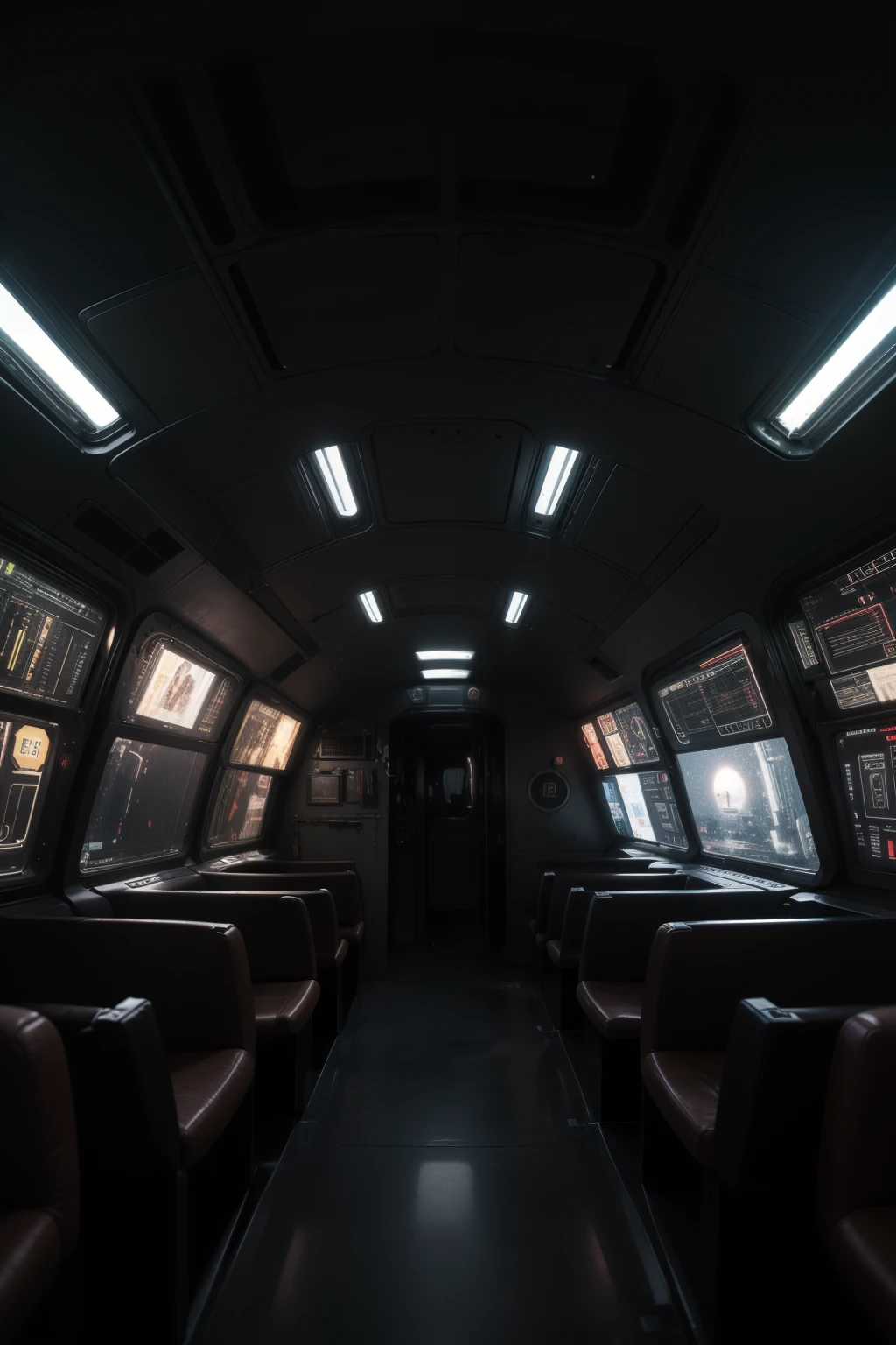 ((best quality)), ((masterpiece)), (detailed), The interior of an giant ancient spaceship, wide empty and dark, very deep in distant focus, full of unknowns and mysteries, with a cyberpunk style, a combination of high technology and feudalism, without people.
