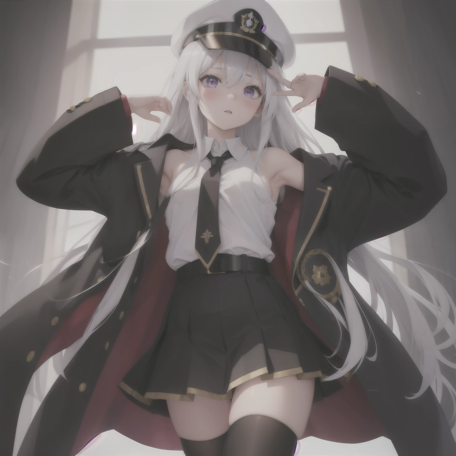 (masterpiece, highest quality:1.2),figure,8k,High resolution,One girl,alone,Cowboy Shot,length_hair,((Sexy pose,chestの谷between,whiteいビキニ)),Have,tie,white Have,skirt,white_hair,Knee socks,Peaked_cap,purple_eye,chest,black_tie,Pleats_skirt,very_length_hair,big_chest,black_coat,miniskirt,Open_coat,just_shoulder,Open_Clothes,zettai_ryouiki,black_Knee socks,army_Have,belt,black_skirt,With collar_shirt,前hair,hair_between_eye,Underbust,blush,