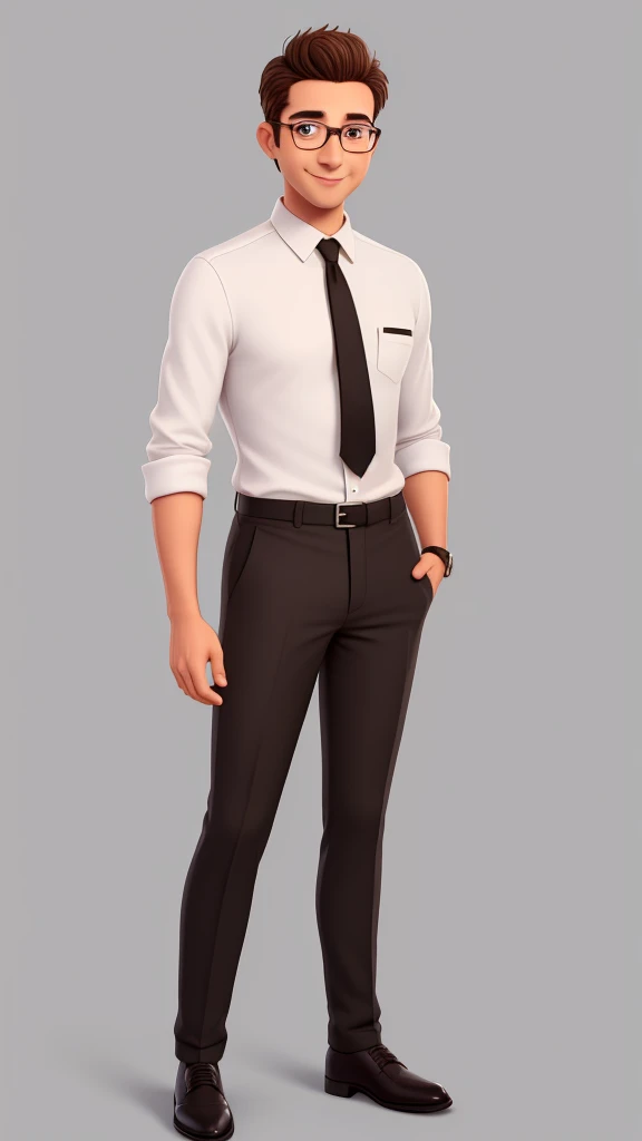 A man of 30 years old, with short brown hair, diamond face, strict look, and brown eyes, wearing white white shirt with necktie and glasses. full body, sweet smile, wearing black skinny pants,