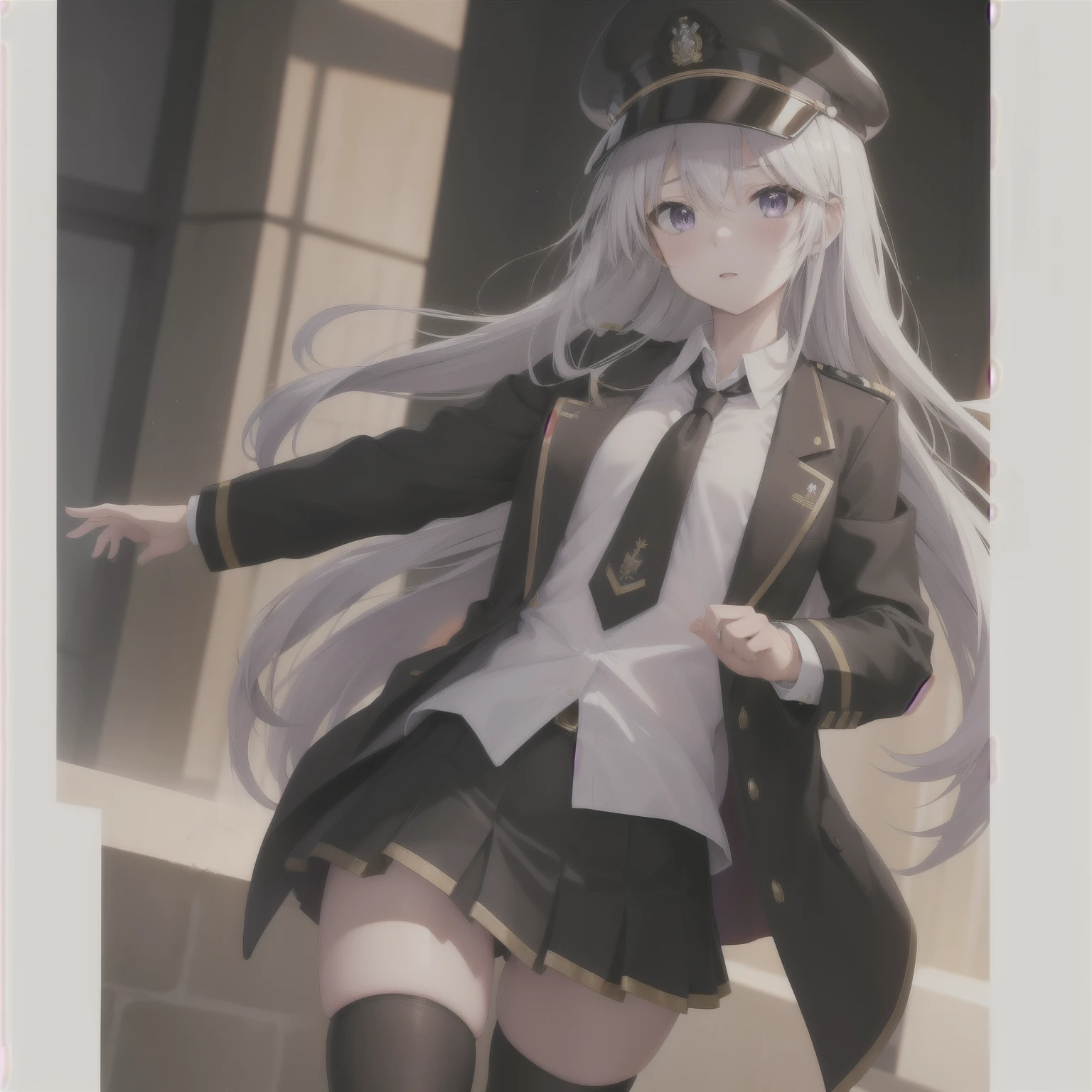(masterpiece, highest quality:1.2),figure,8k,High resolution,One girl,alone,Cowboy Shot,length_hair,((はだけたClothes装,Sexy pose,chestの谷between,whiteいビキニ)),Have,tie,white Have,skirt,white_hair,Knee socks,Peaked_cap,purple_eye,chest,black_tie,Pleats_skirt,very_length_hair,big_chest,black_coat,miniskirt,Open_coat,just_shoulder,Open_Clothes,zettai_ryouiki,black_Knee socks,army_Have,belt,black_skirt,With collar_shirt,前hair,hair_between_eye,Underbust,blush,
