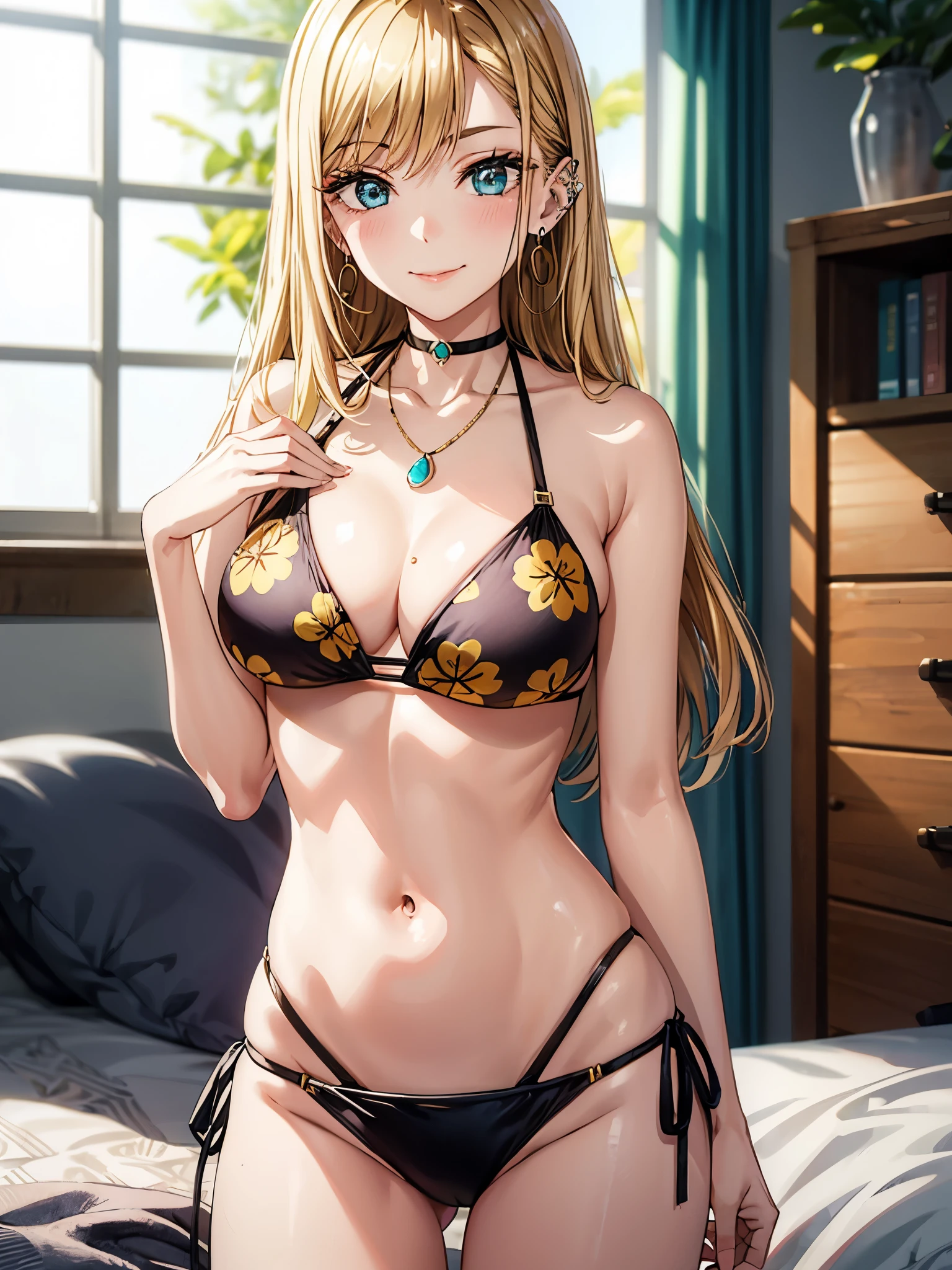 (((masterpiece))), MarinKitagawa, 1girl, solo, long hair, smirk, seductive smile, inviting pose,, blonde hair, navel, cleavage, jewelry, medium breasts, swimsuit, bikini, cowboy shot, earrings, choker, indoors, necklace, v, black bikini, side-tie bikini bottom, black choker, piercing, floral print, ear piercing, string bikini, facing viewer, print bikini