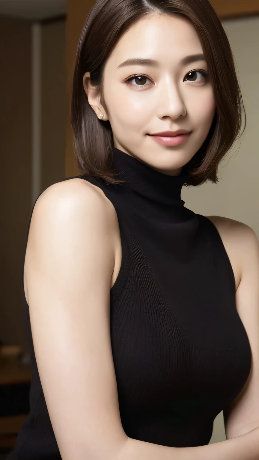 ((highest quality, 8k, masterpiece: 1.3)), Sharp focus: 1.2, Beautiful Japanese actresses: 1.4, Slim Abs: 1.2, ((Dark brown hair, big: 1.2)), (Natural light, bedroom: 1.1), Highly detailed face and skin texture, Fine grain, smile, Skin-toned, form-fitting knitwear, Sideways posture, Proudly, Upturned bust, beautiful, Sleeveless turtleneck,whole body,