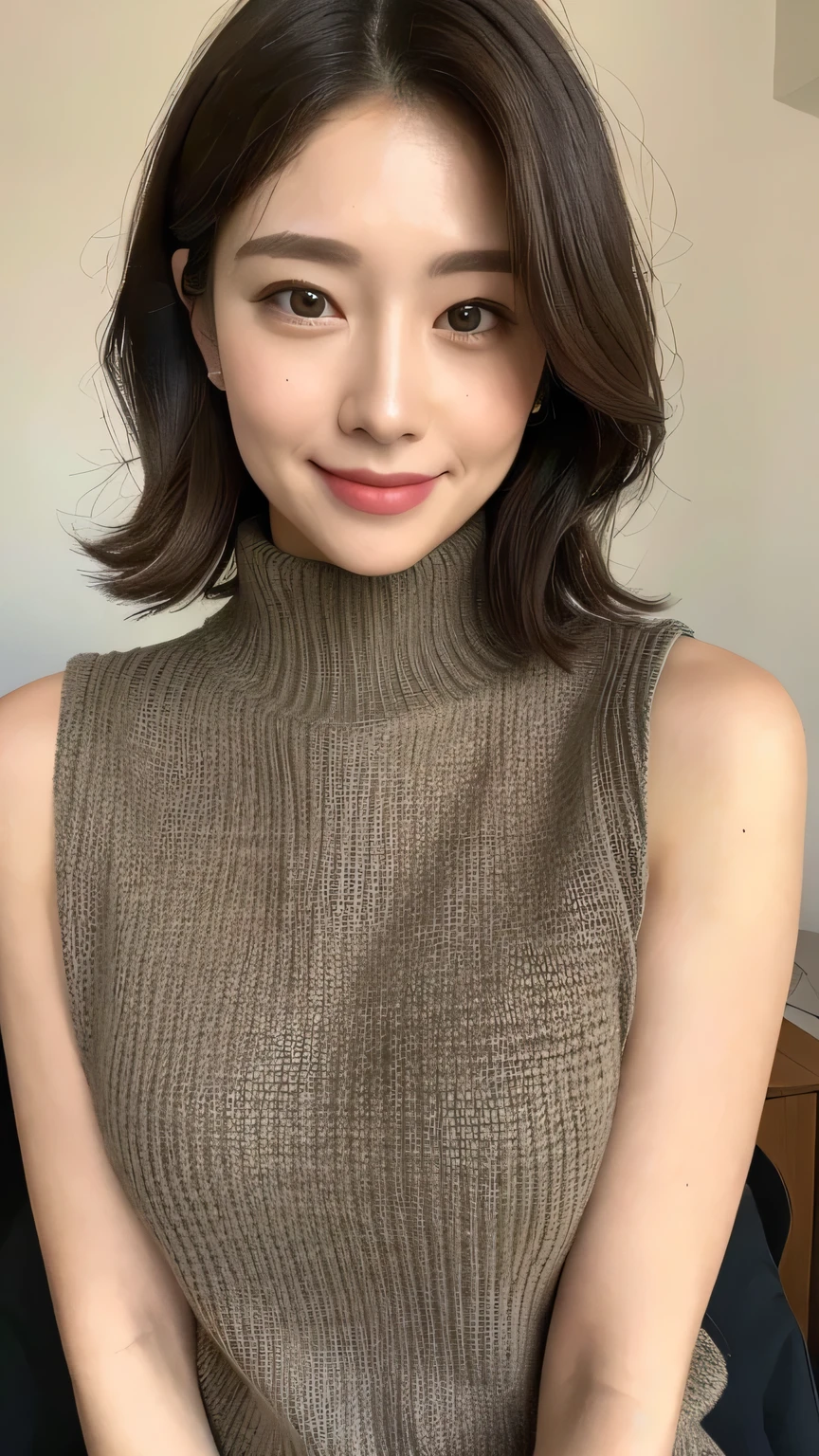 ((highest quality, 8k, masterpiece: 1.3)), Sharp focus: 1.2, Beautiful Japanese actresses: 1.4, Slim Abs: 1.2, ((Dark brown hair, big: 1.2)), (Natural light, bedroom: 1.1), Highly detailed face and skin texture, Fine grain, smile, Skin-toned, form-fitting knitwear,  Sideways posture, Proudly, Upturned bust, beautiful, Sleeveless turtleneck,whole body,