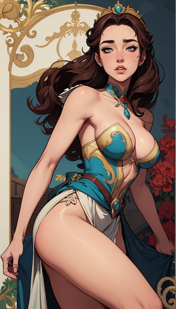 Character woman style beautiful breasts symmetrical medium breasts Fiona queen Anna of Arendelle with war marks Cartoon image of a woman .Ilustra??o estilo desenho animado, estilo de arte dos desenhos animados, estilo de arte dos desenhos animados, digital illustration style, estilo atompunk design de personagens altamente detalhado, arte digital detalhada coragem, Forest fan art, Design de personagens de retrato, beautiful digital illustration, retrato de alta qualidade, Arte em quadrinhos, mulher jovem cabelo com transas lindas . Queen Anna of ArendelleBeautiful lined eyes Medium large bust and wonderful sexy clothes. image expression of sexual desire from waist to head illustration Queen Anne of Arendelle atompunk style Fallout 4 style pose playboy magazine
