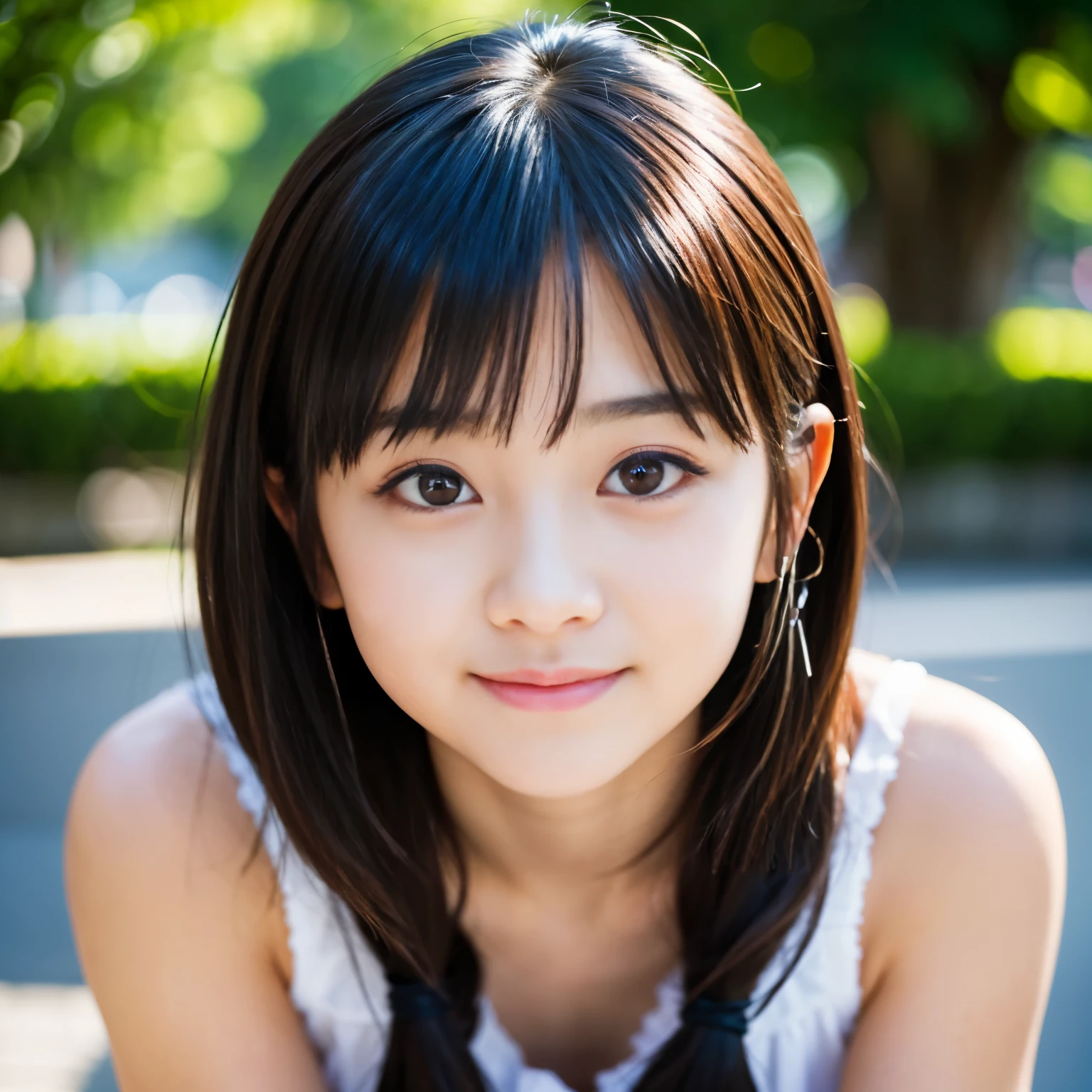 Best-quality, Masterpiece, Ultra-High-Resolution, (Photorealistic:1.4), Raw-Photo, 64K, depth of field, professional lighting, perfect anatomy, extremely details, 1girl, 13-years-old, the most famous Japanese idol, ((extremely cute face like the most popular Japanese idol, ((extremely cute and extremely big black-eyes)), extremely beautiful hair)), dynamic-pose, looking at viewer, innocent smile