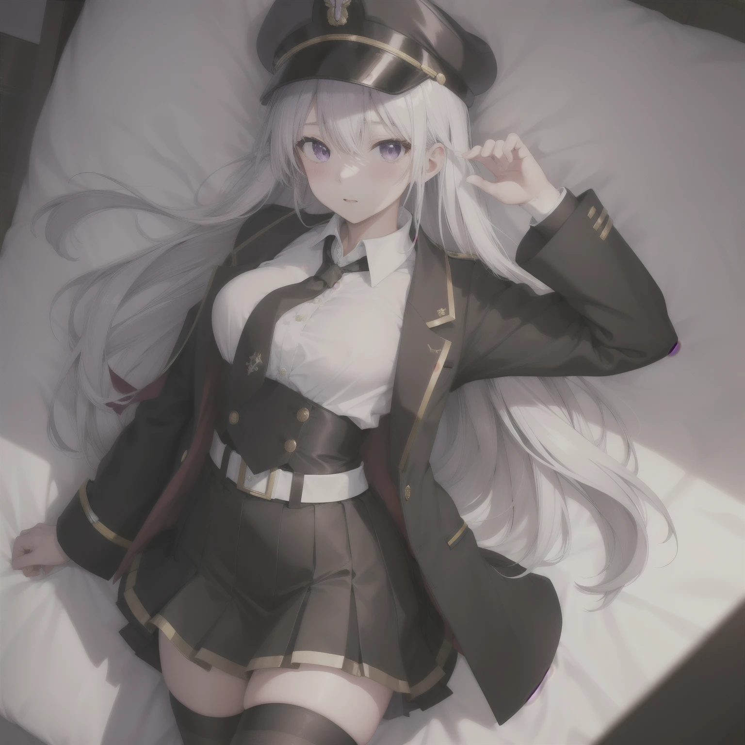 (masterpiece, highest quality:1.2),figure,8k,High resolution,One girl,alone,Cowboy Shot,length_hair,((はだけたClothes装,Sexy pose,chestの谷between,whiteいビキニ、On the bed)),Have,tie,white Have,skirt,white_hair,Knee socks,Peaked_cap,purple_eye,chest,black_tie,Pleats_skirt,very_length_hair,big_chest,black_coat,miniskirt,Open_coat,just_shoulder,Open_Clothes,zettai_ryouiki,black_Knee socks,army_Have,belt,black_skirt,With collar_shirt,前hair,hair_between_eye,Underbust,blush,
